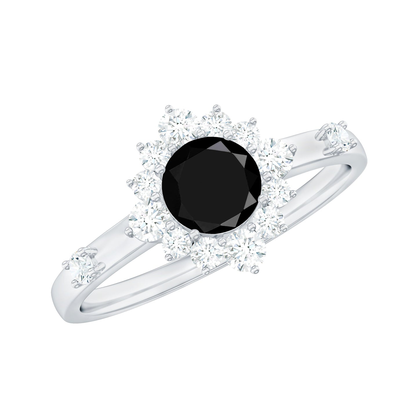 Natural Black Spinel Promise Ring with Diamond Halo