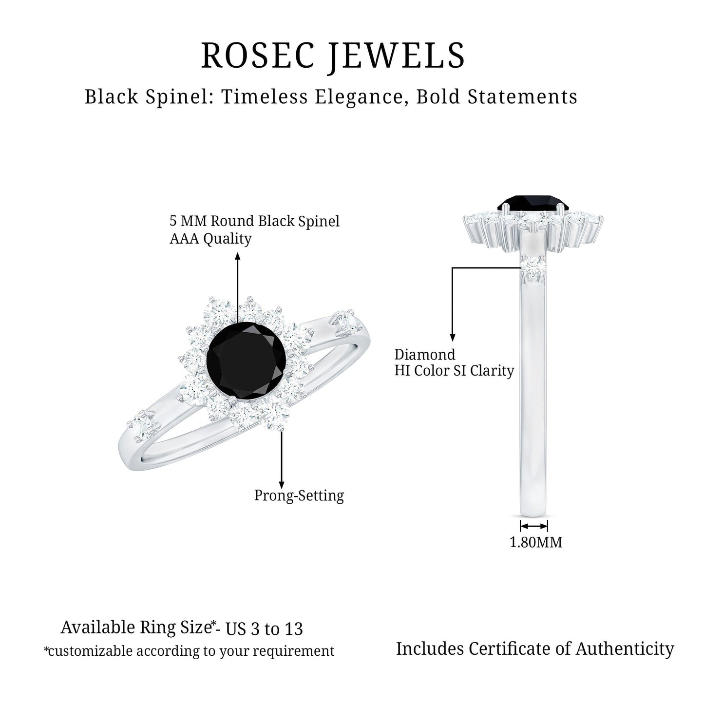 Natural Black Spinel Promise Ring with Diamond Halo