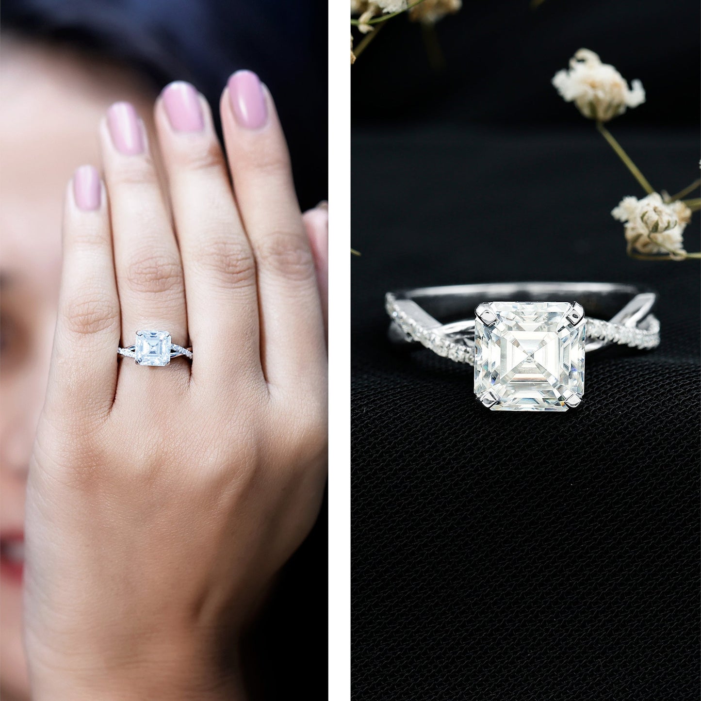 Certified Moissanite Asscher Cut Engagement Ring with Twisted Shank
