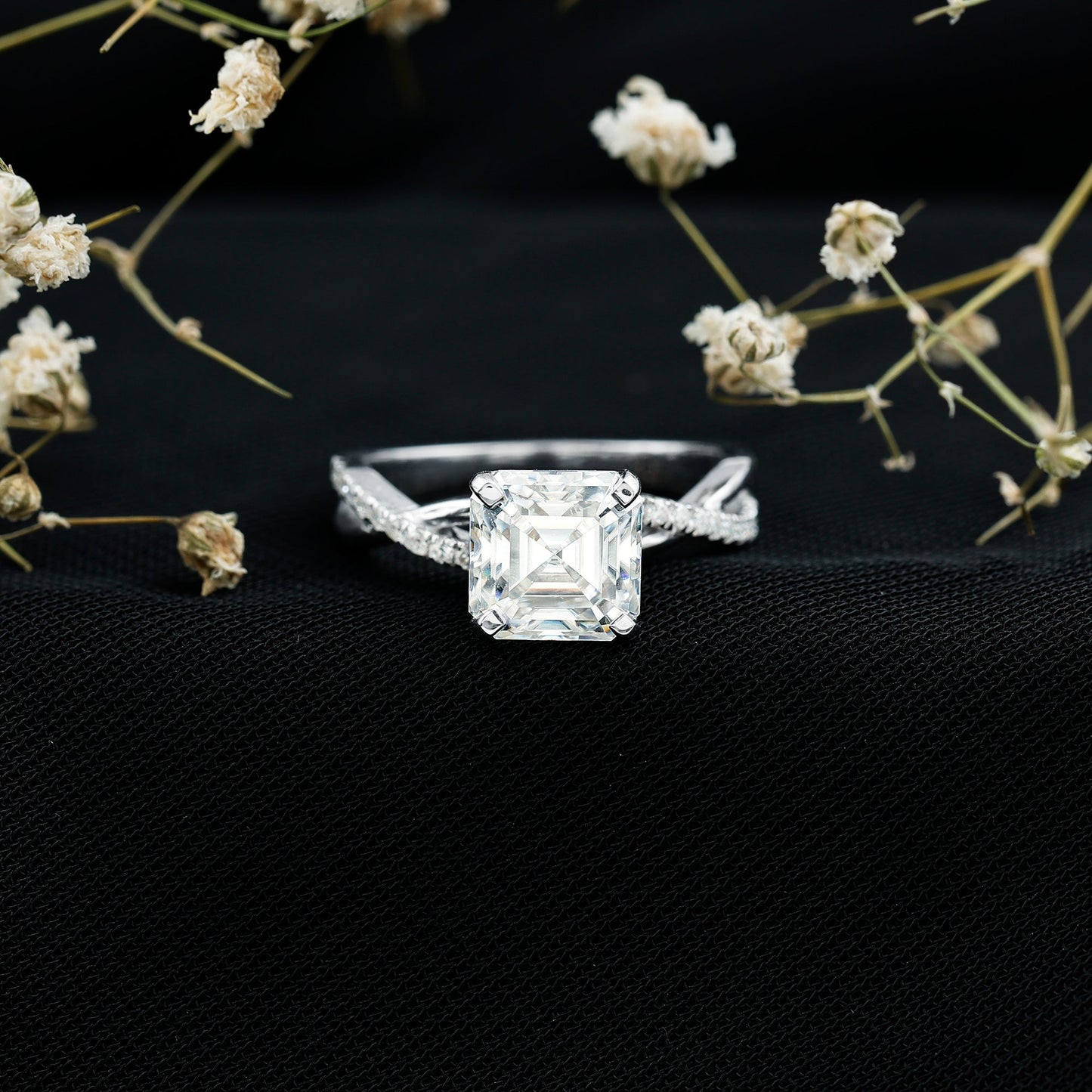 Certified Moissanite Asscher Cut Engagement Ring with Twisted Shank