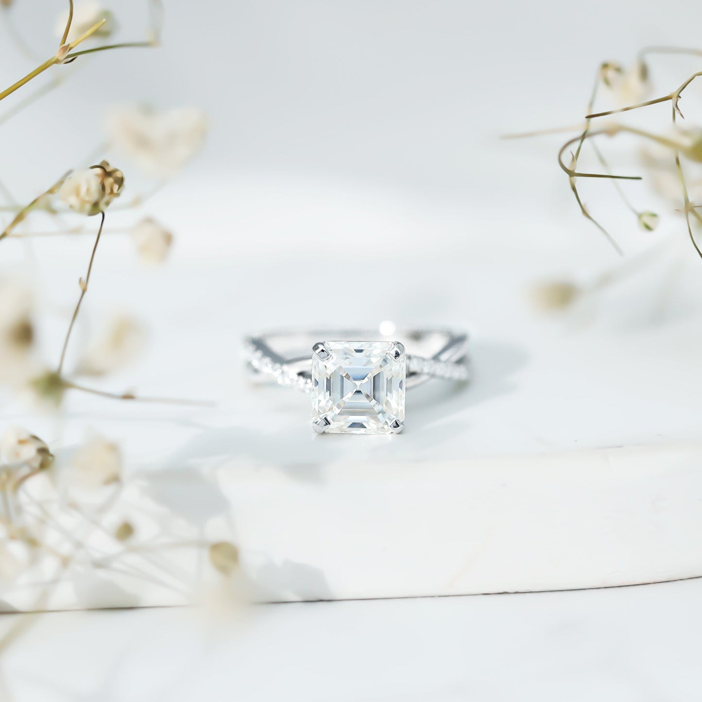 Certified Moissanite Asscher Cut Engagement Ring with Twisted Shank