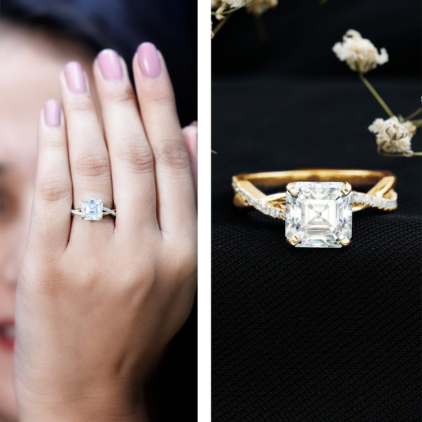 Certified Moissanite Asscher Cut Engagement Ring with Twisted Shank