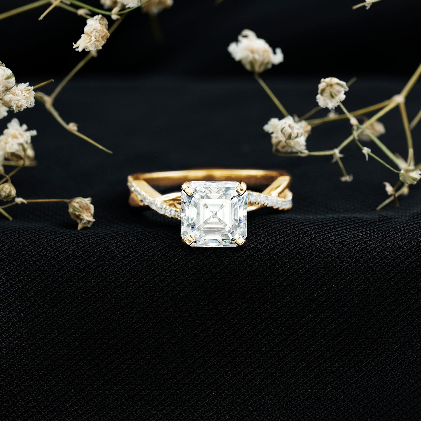 Certified Moissanite Asscher Cut Engagement Ring with Twisted Shank