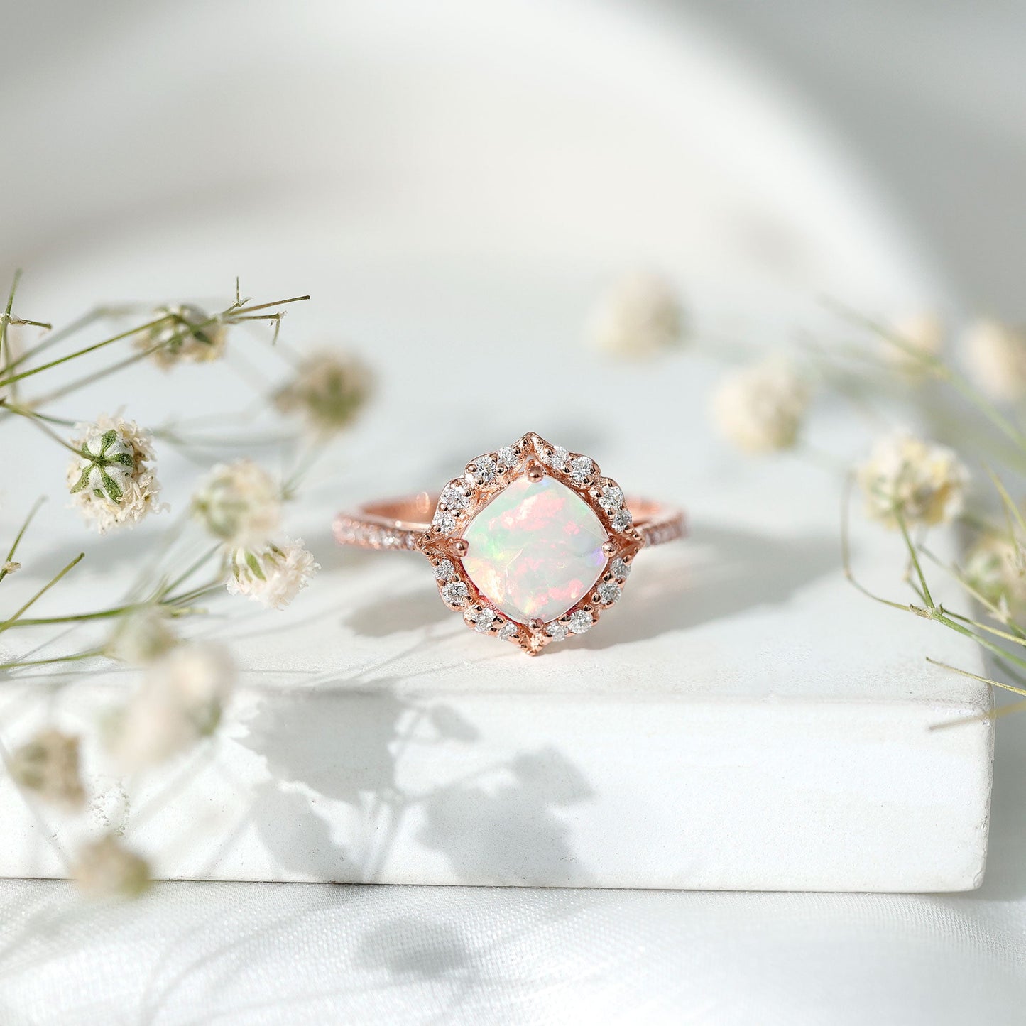 Certified 1.8 Carat Opalescent Vintage Inspired Engagement Ring with Diamond Halo