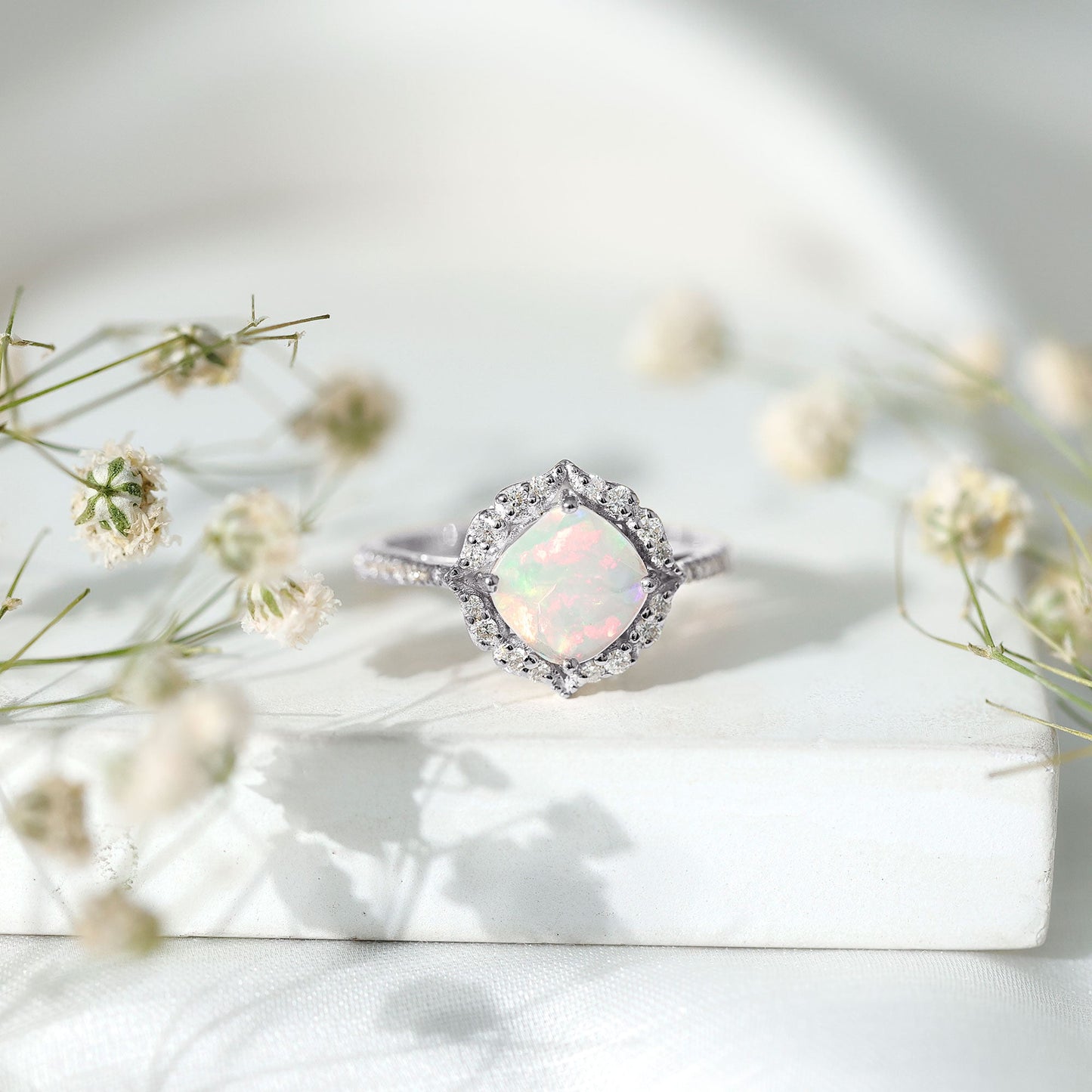 Certified 1.8 Carat Opalescent Vintage Inspired Engagement Ring with Diamond Halo