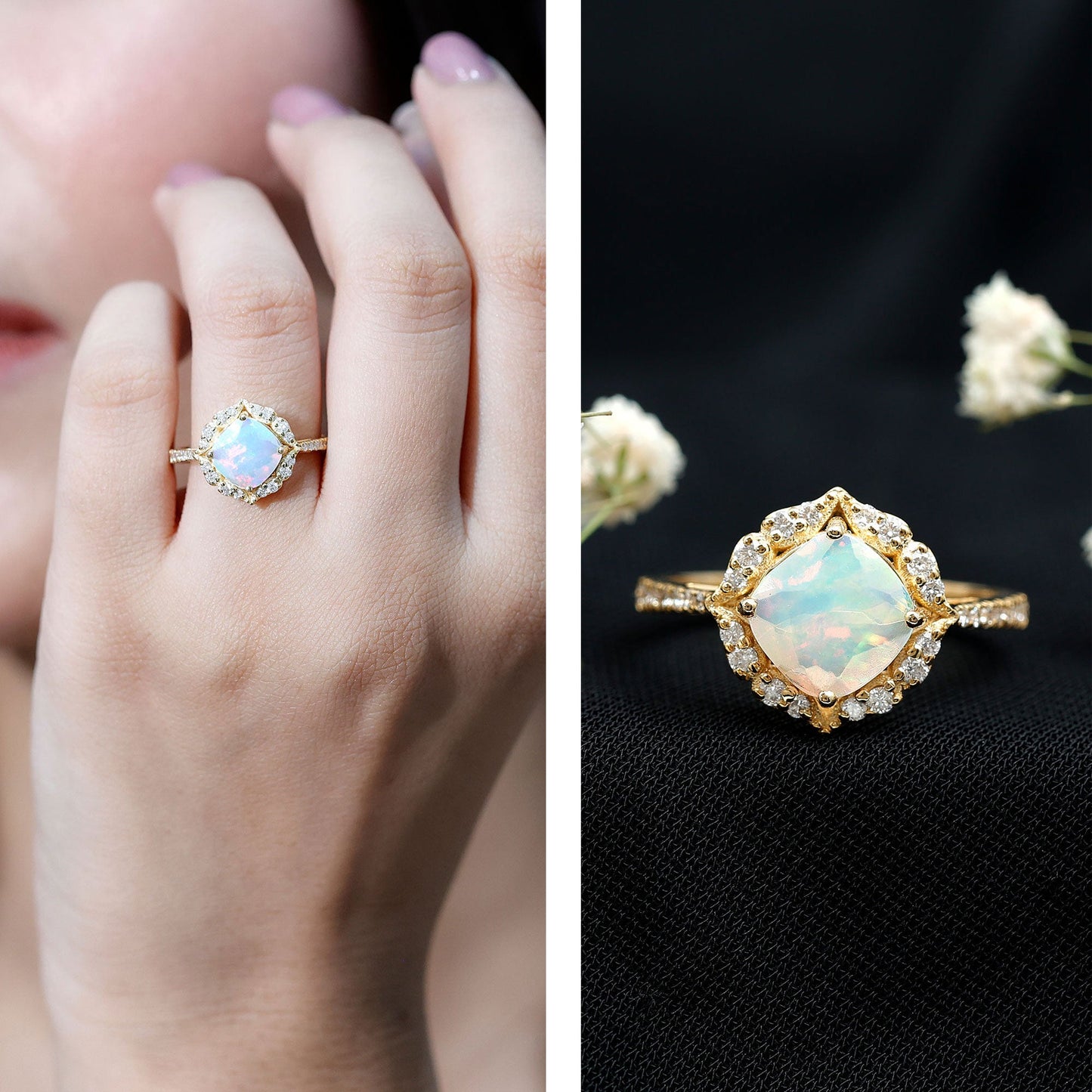 Certified 1.8 Carat Opalescent Vintage Inspired Engagement Ring with Diamond Halo