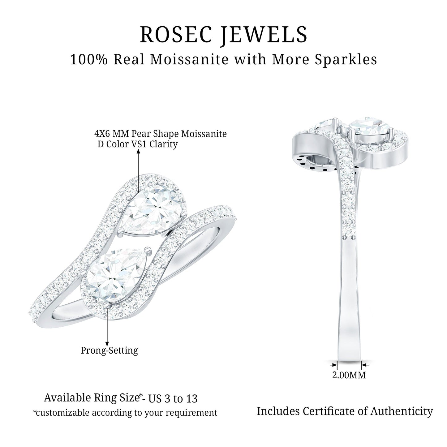 Pear Cut Moissanite 2 Stone Engagement Ring with Bypass Shank