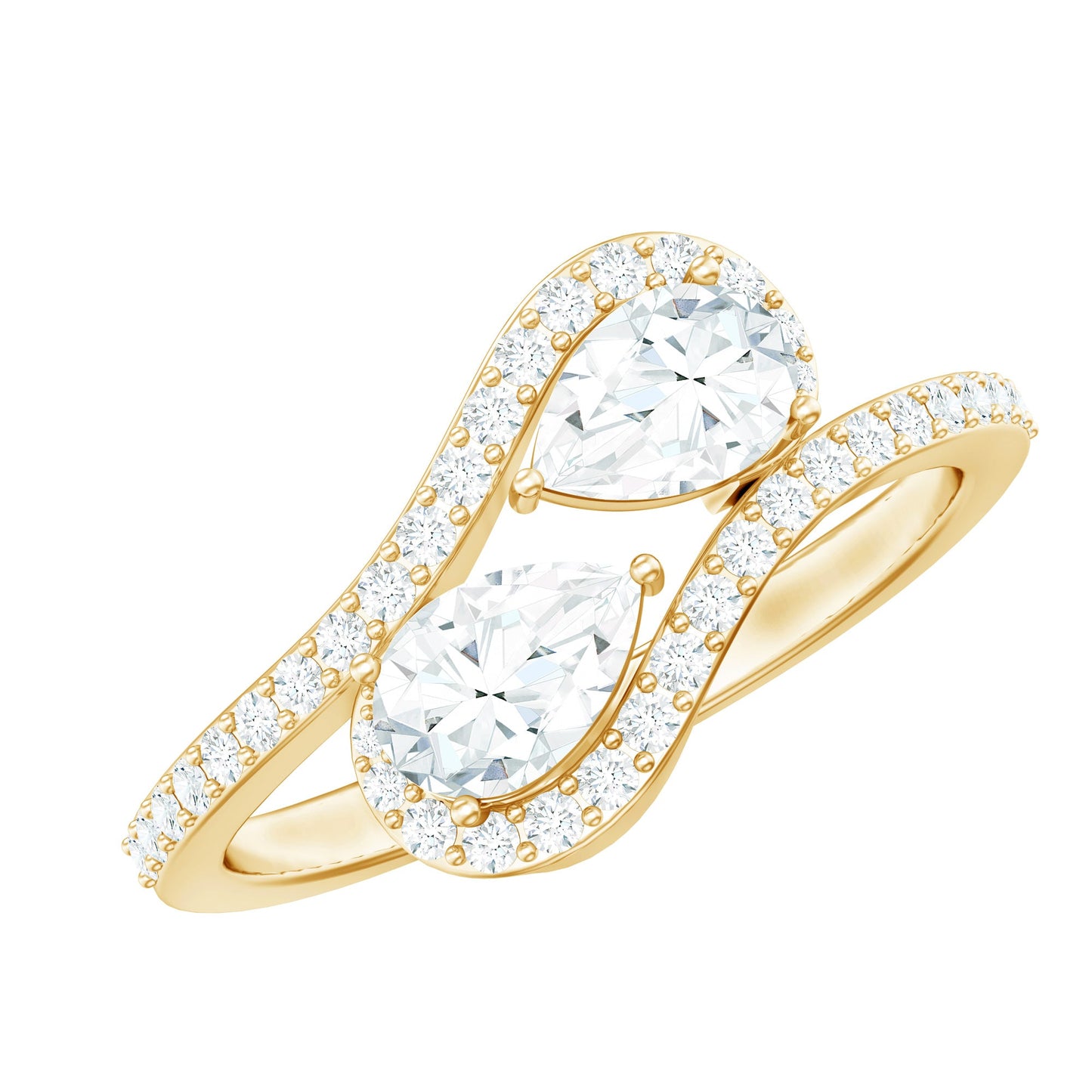 Pear Cut Moissanite 2 Stone Engagement Ring with Bypass Shank