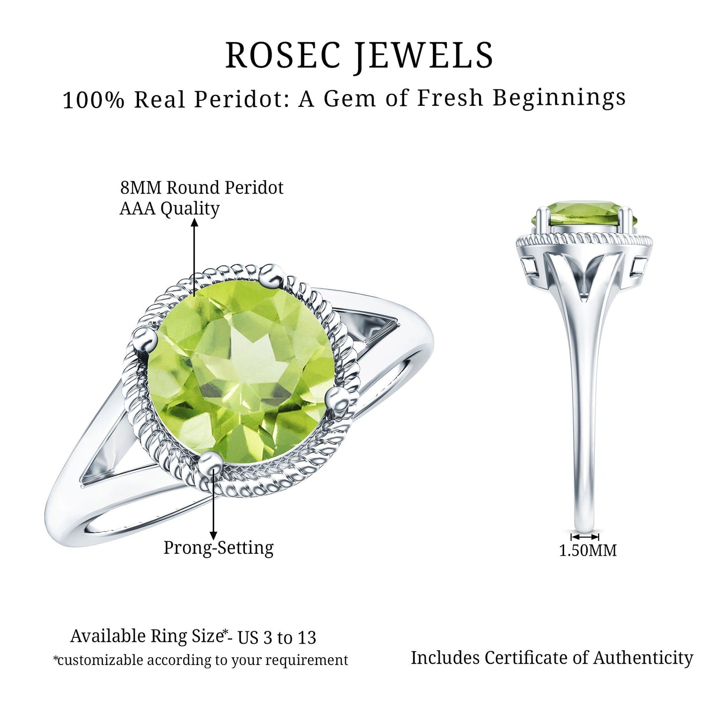 Natural 2 Carat Peridot Solitaire Engagement Ring with Split Shank