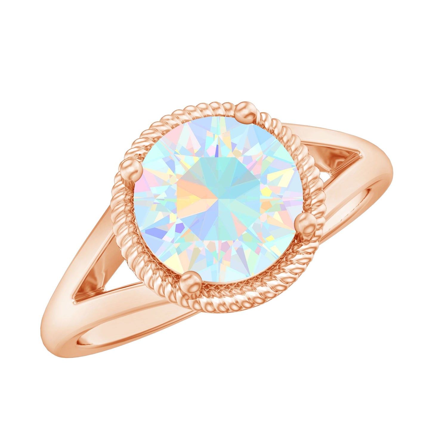 Certified Real 2 Carat Round Ethiopian Opal Split Shank Engagement Ring with Twisted Rope