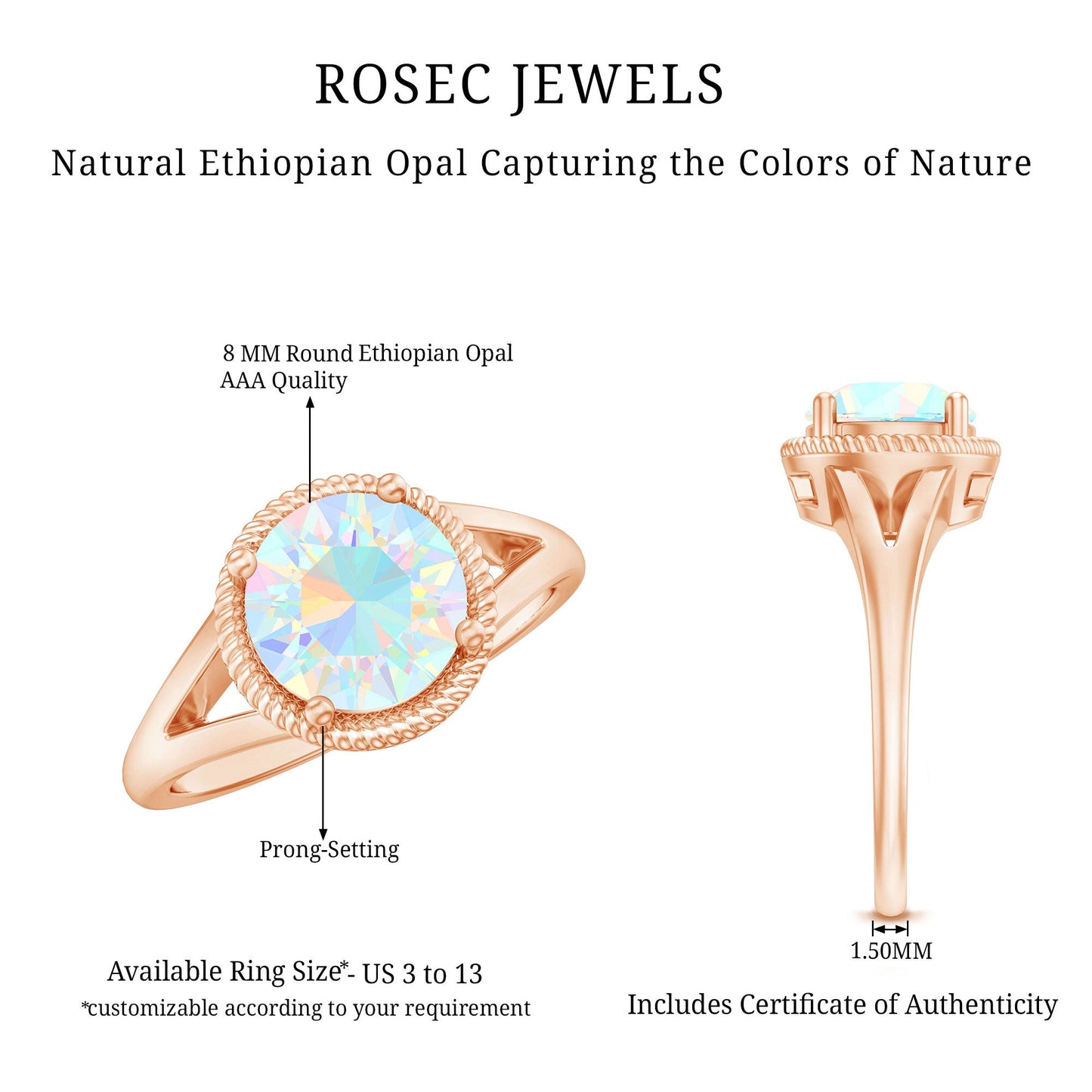 Certified Real 2 Carat Round Ethiopian Opal Split Shank Engagement Ring with Twisted Rope