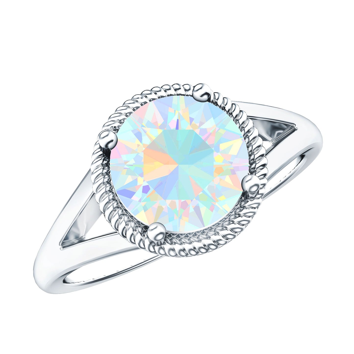 Certified Real 2 Carat Round Ethiopian Opal Split Shank Engagement Ring with Twisted Rope