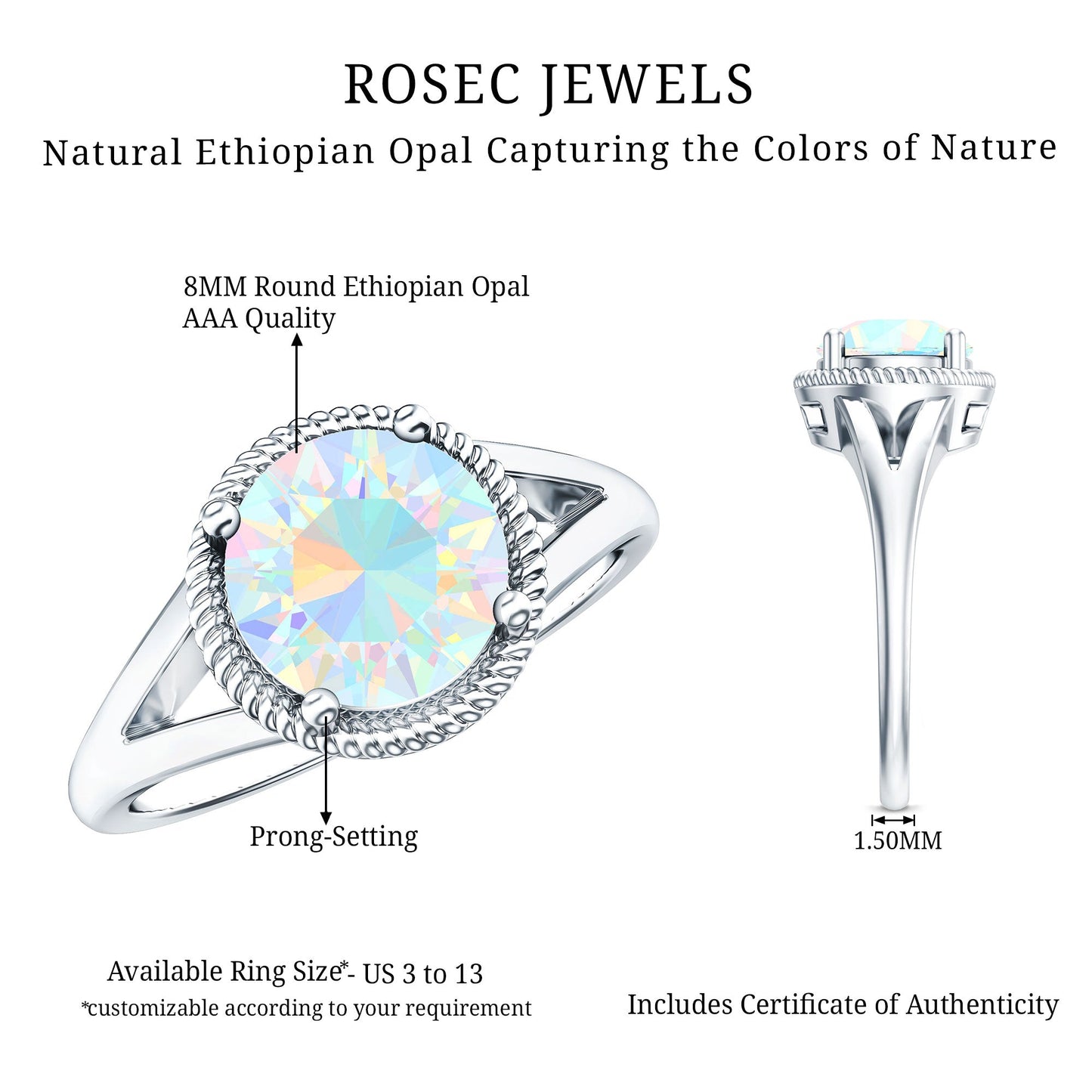 Certified Real 2 Carat Round Ethiopian Opal Split Shank Engagement Ring with Twisted Rope