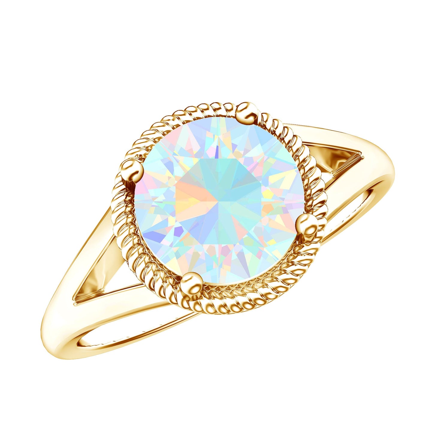 Certified Real 2 Carat Round Ethiopian Opal Split Shank Engagement Ring with Twisted Rope