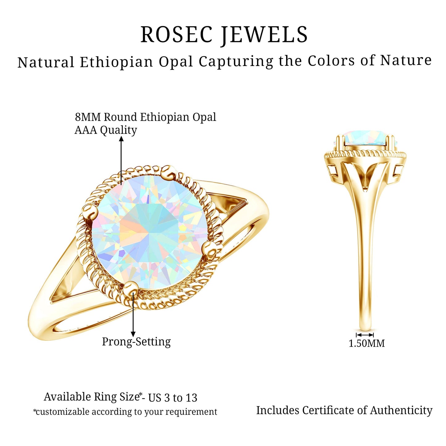 Certified Real 2 Carat Round Ethiopian Opal Split Shank Engagement Ring with Twisted Rope