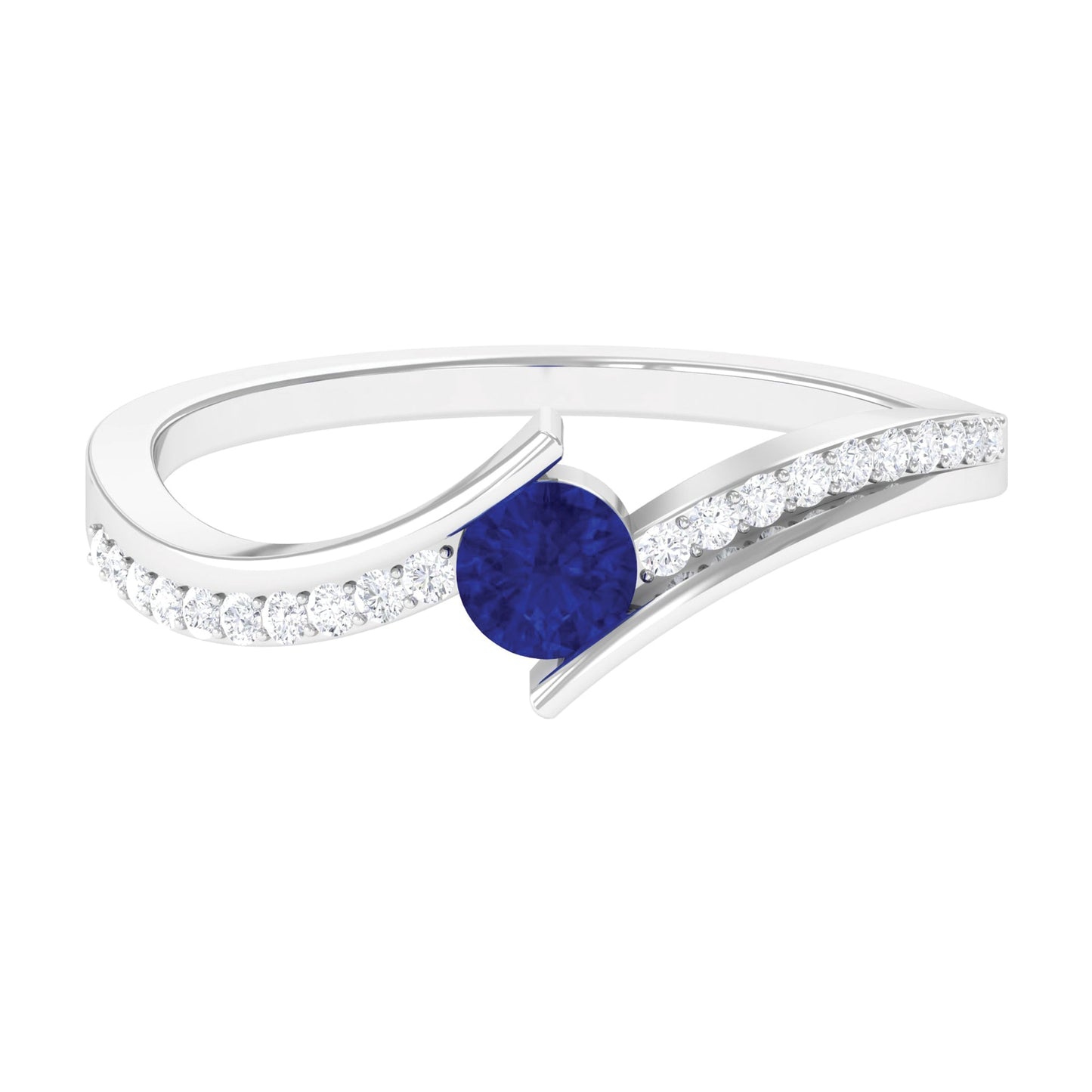 Round Genuine Blue Sapphire Bypass Engagement Ring with Diamond