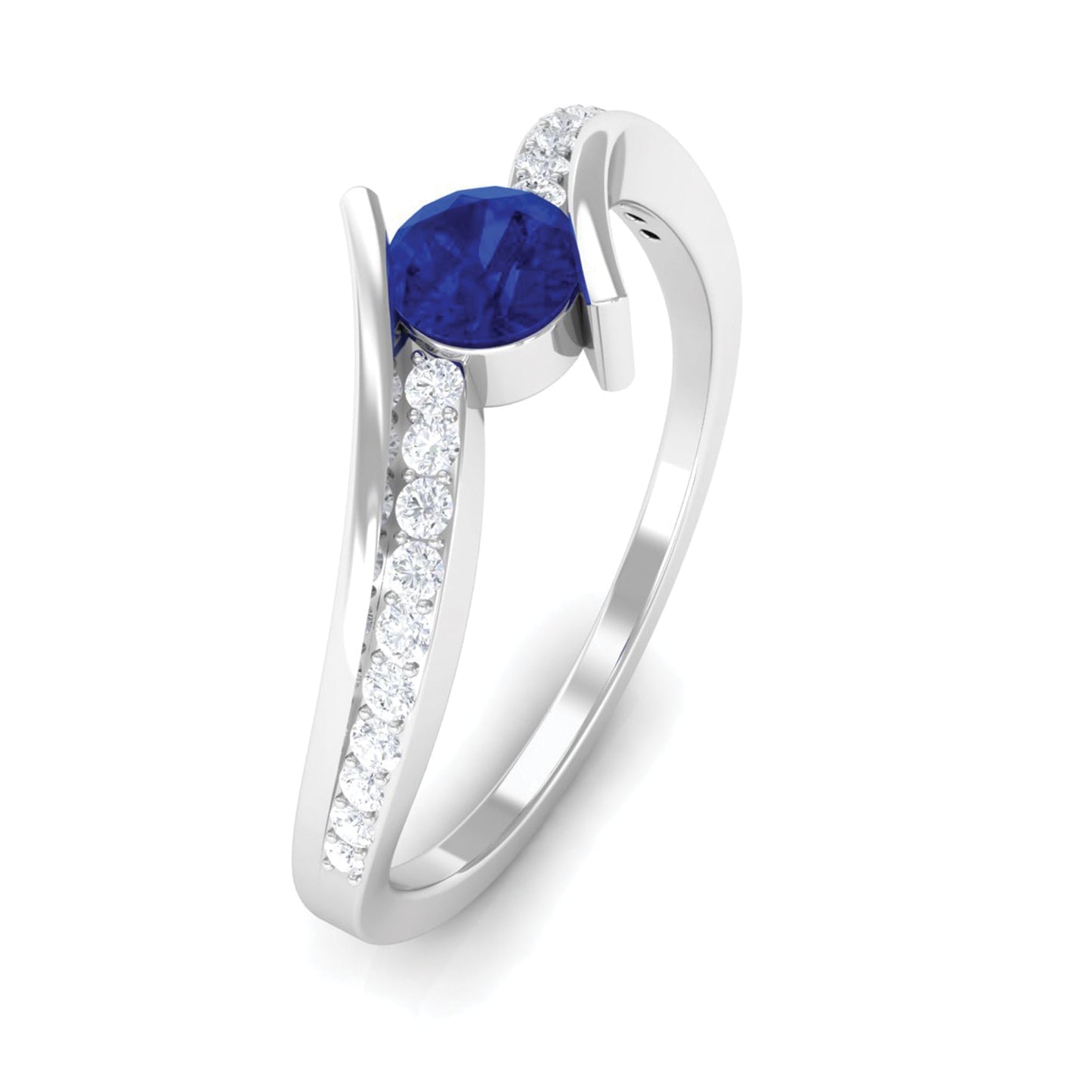 Round Genuine Blue Sapphire Bypass Engagement Ring with Diamond