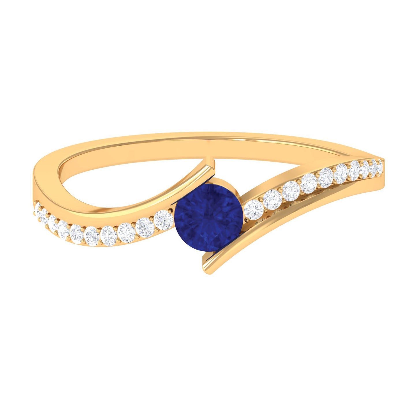 Round Genuine Blue Sapphire Bypass Engagement Ring with Diamond