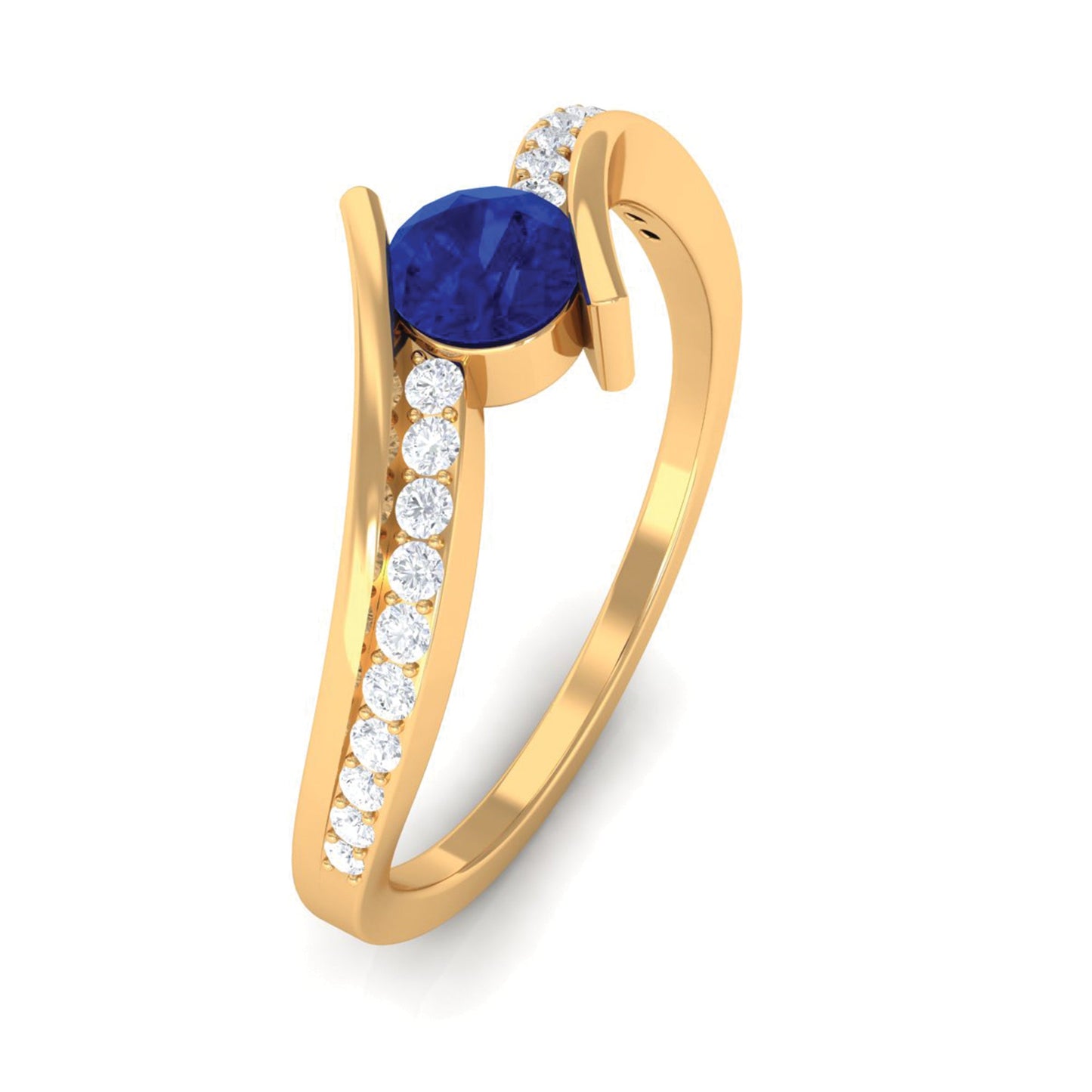 Round Genuine Blue Sapphire Bypass Engagement Ring with Diamond
