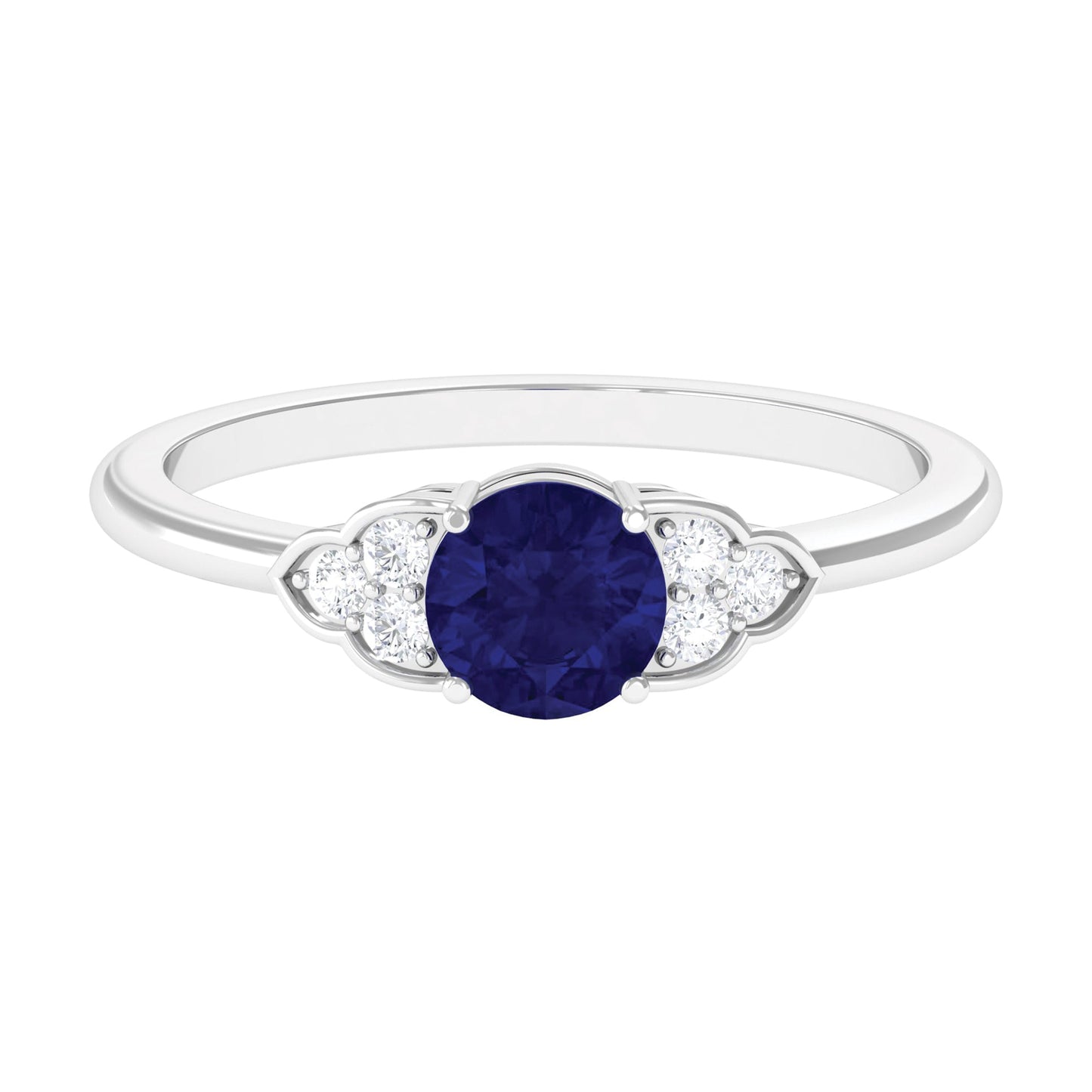 Round 0.9 Carat Blue Sapphire Engagement Ring with Diamond Trio