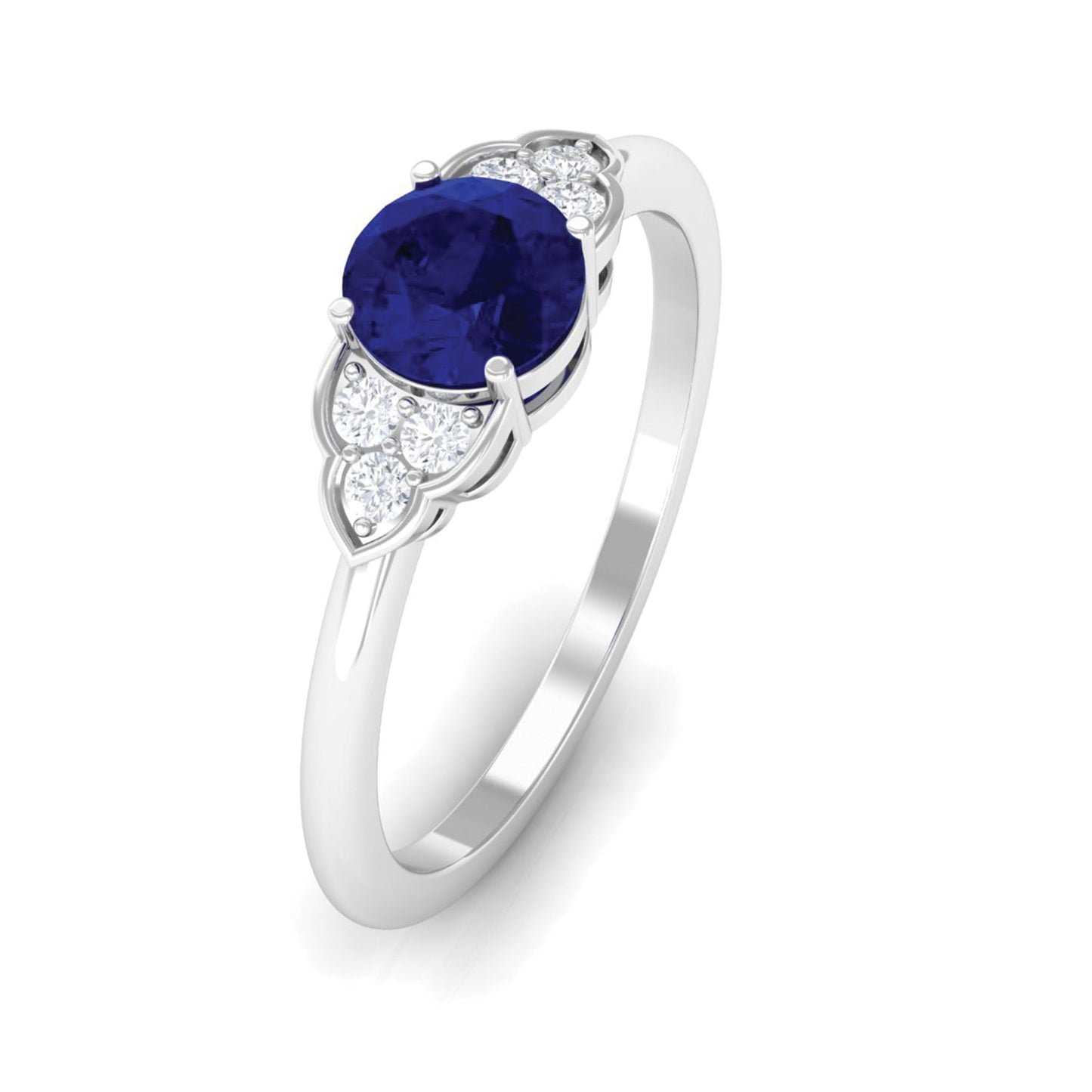 Round 0.9 Carat Blue Sapphire Engagement Ring with Diamond Trio
