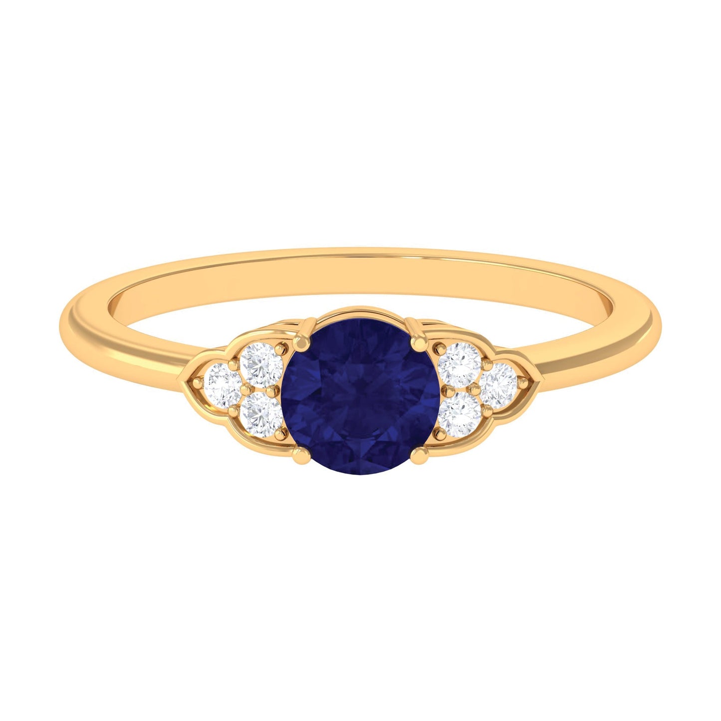 Round 0.9 Carat Blue Sapphire Engagement Ring with Diamond Trio