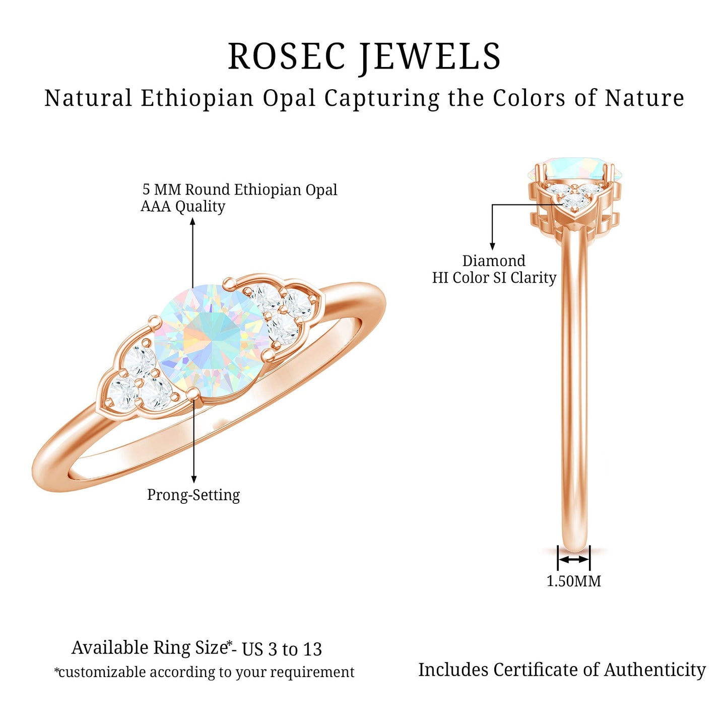 Natural Ethiopian Rainbow Opal Engagement Ring with Diamond Trio