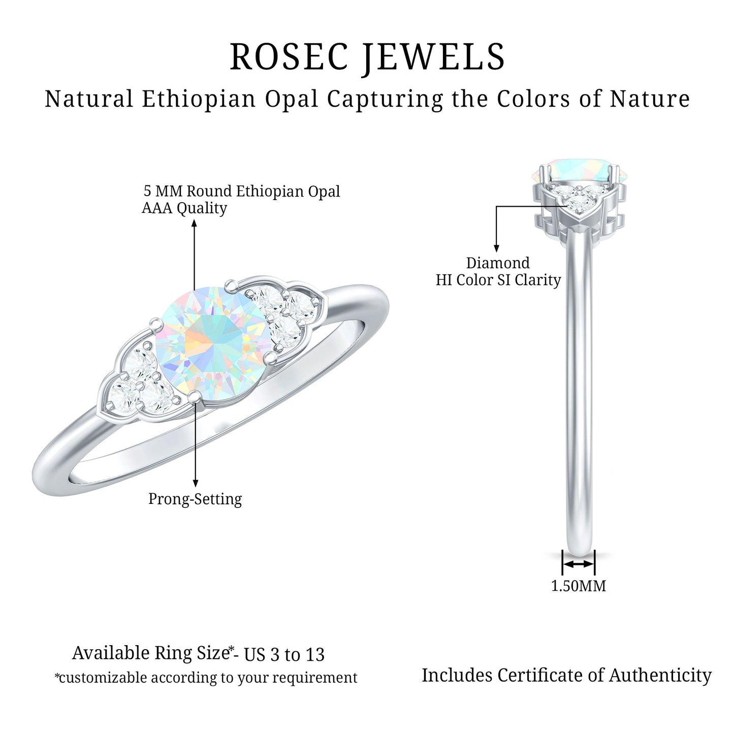 Natural Ethiopian Rainbow Opal Engagement Ring with Diamond Trio