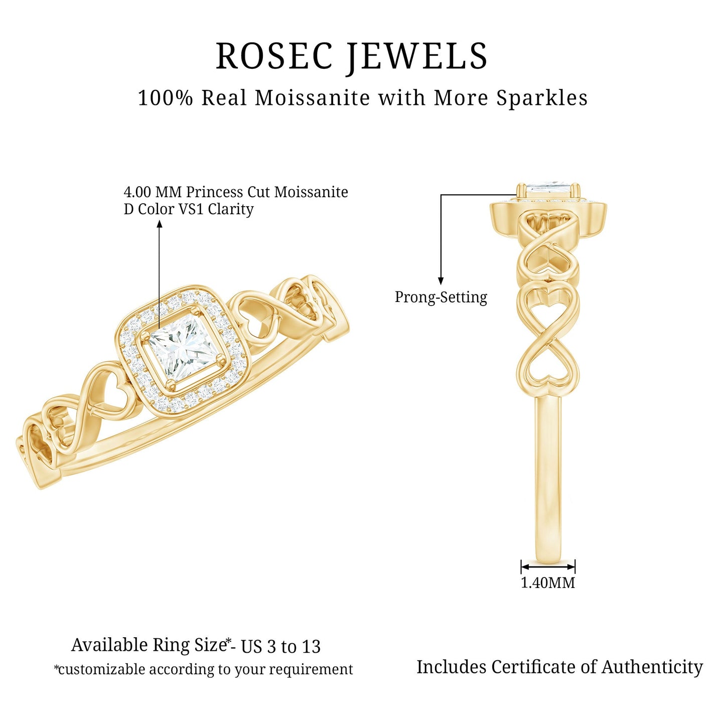Certified Princess Cut Moissanite Infinity Engagement Ring