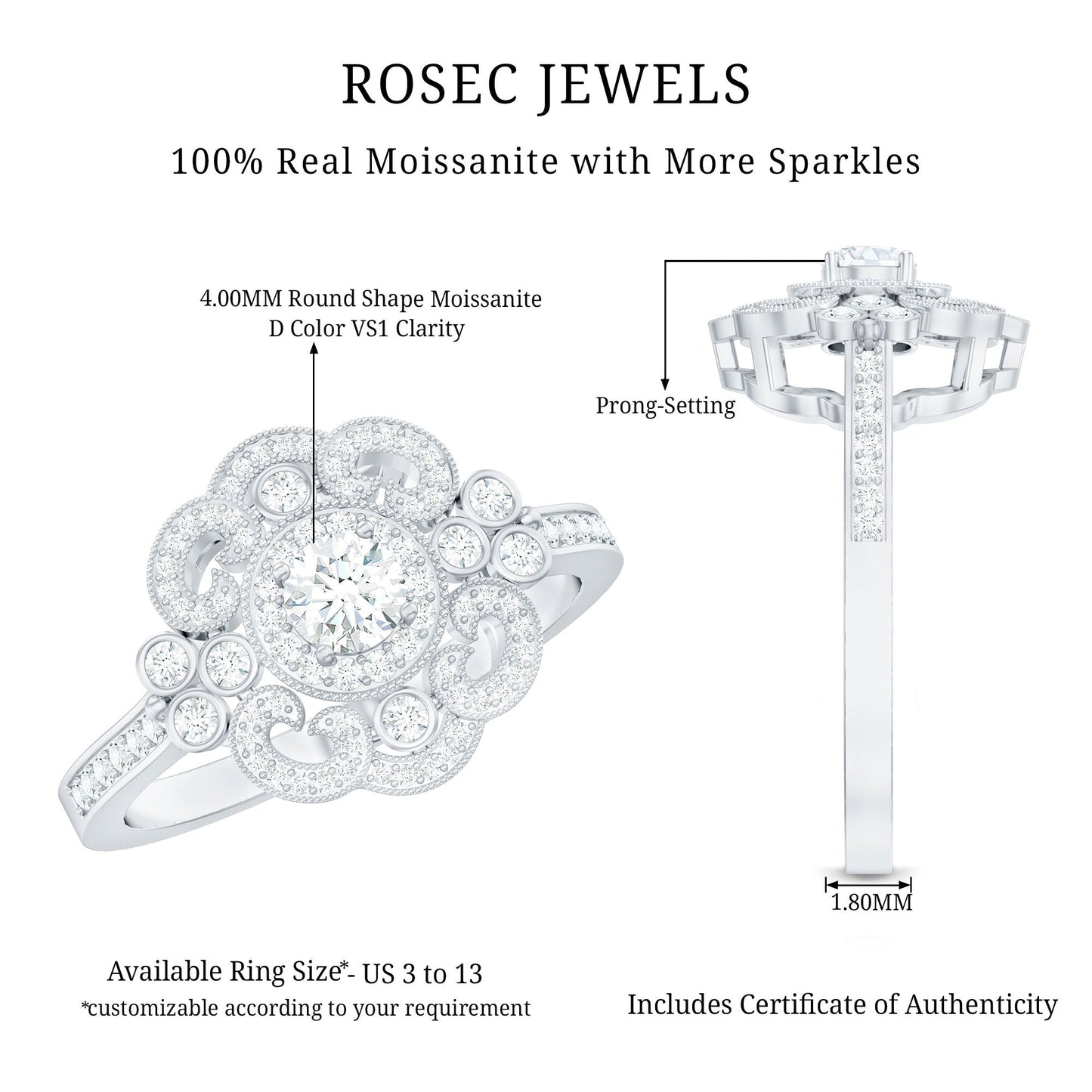 Certified Moissanite Antique Looking Engagement Ring for Women