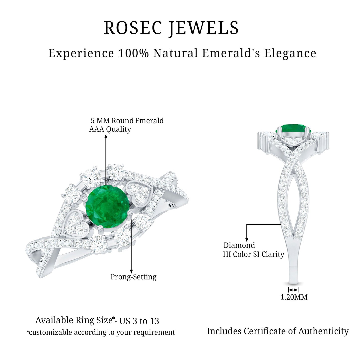 Natural Emerald Diamond Antique Style Engagement Ring with Crossover Shank