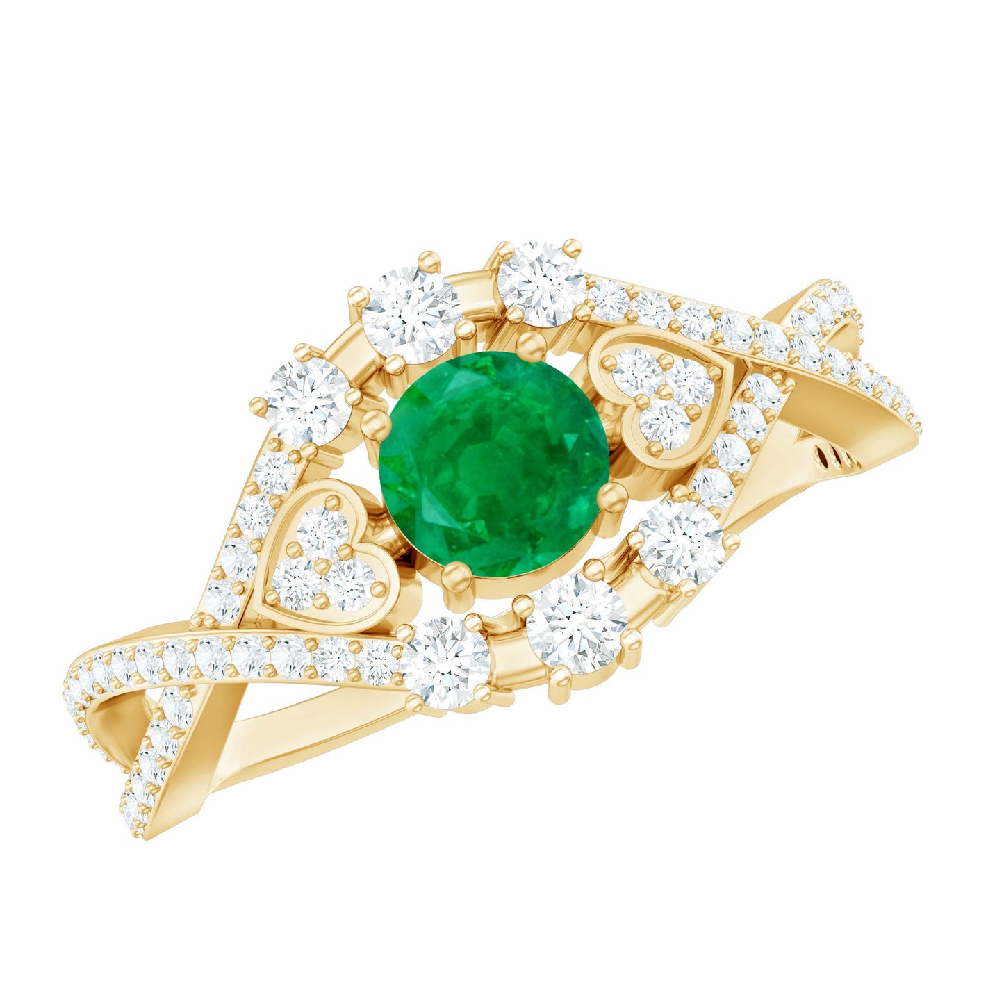 Natural Emerald Diamond Antique Style Engagement Ring with Crossover Shank