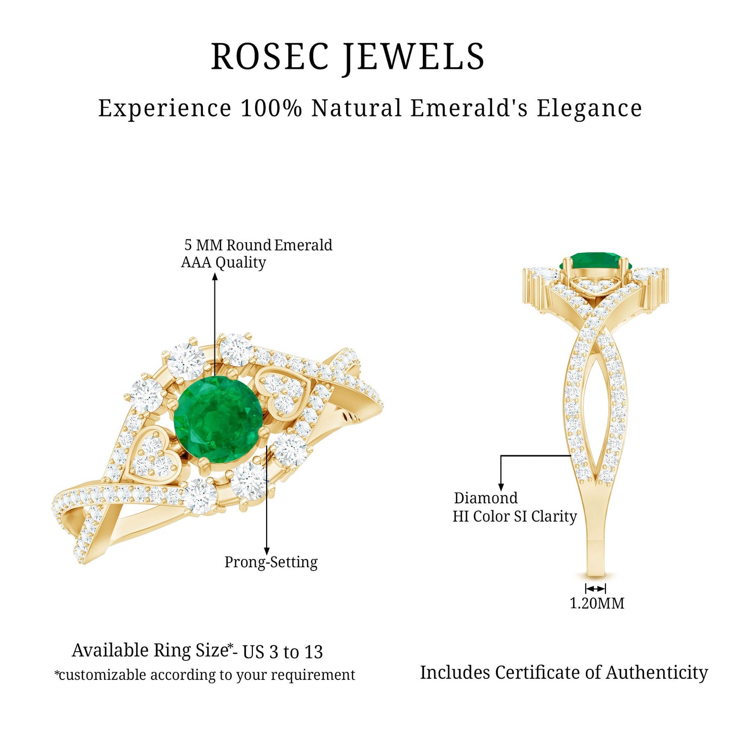 Natural Emerald Diamond Antique Style Engagement Ring with Crossover Shank