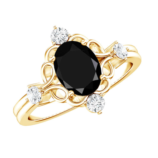 Vintage Style 1.9 Carat Lab Grown Black Diamond Oval Engagement Ring with White Diamond