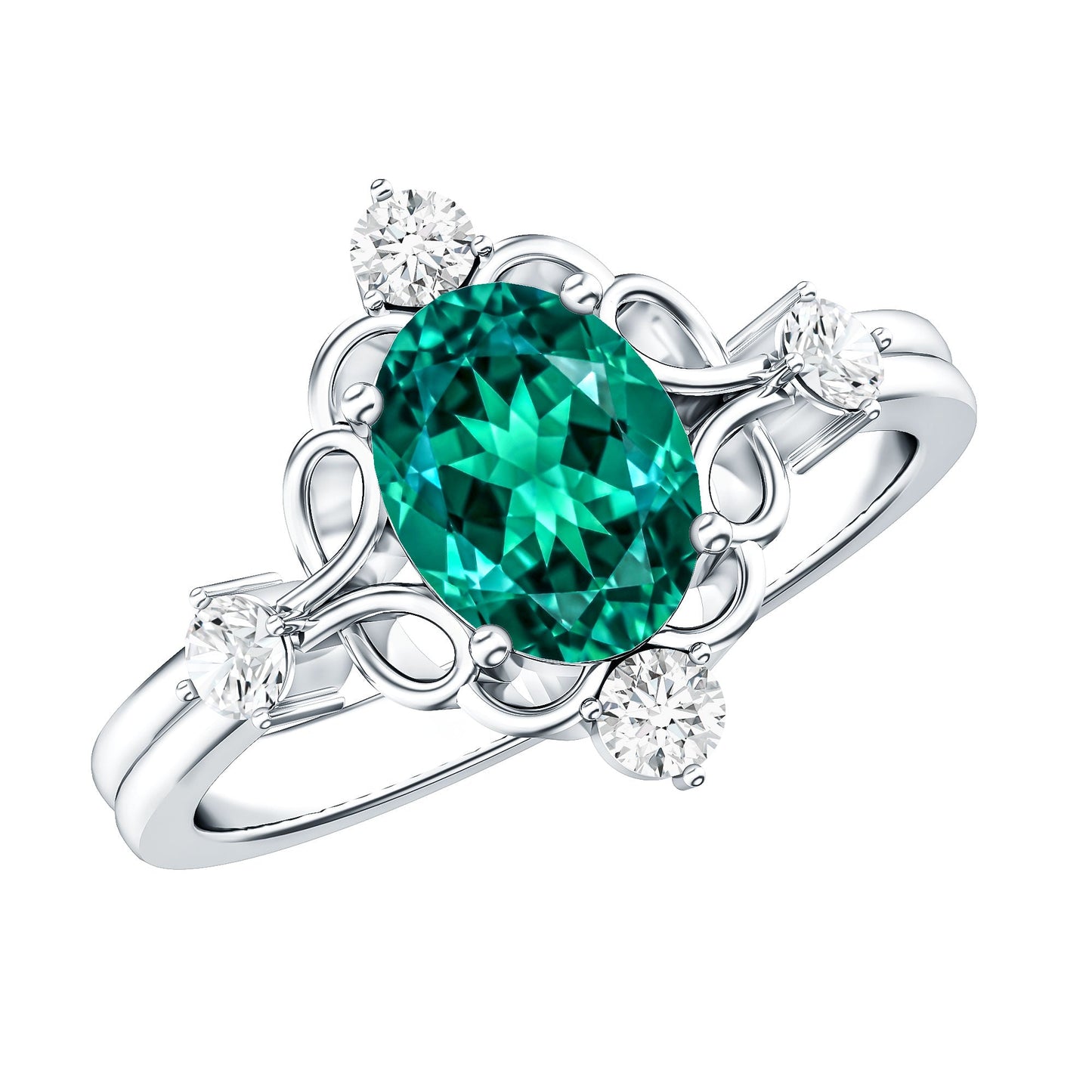 Vintage Inspired 1.2 Carat Lab Grown Emerald Oval Engagement Ring with Diamond
