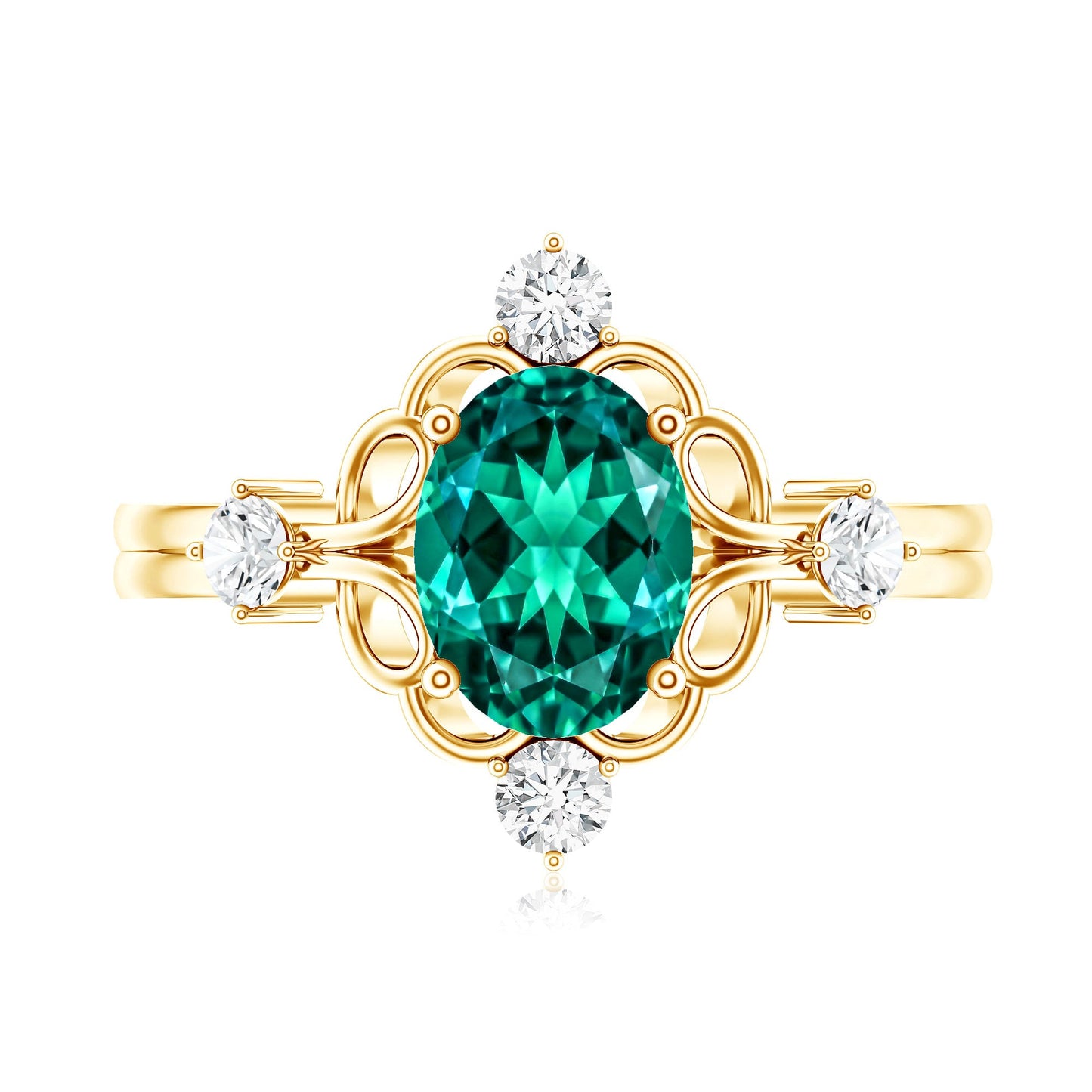 Vintage Inspired 1.2 Carat Lab Grown Emerald Oval Engagement Ring with Diamond