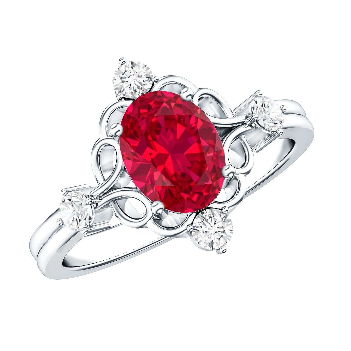 Oval Cut Created Ruby Solitaire Cocktail Ring with Diamond