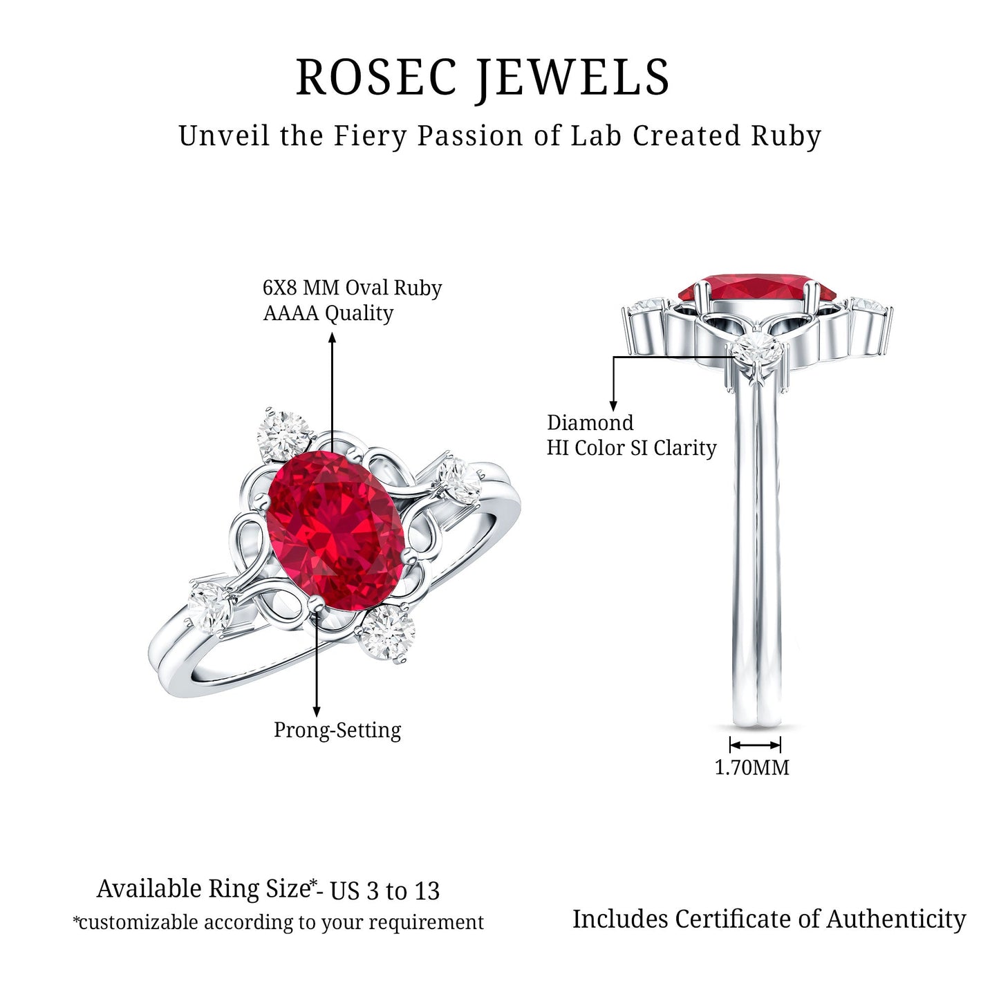 Oval Cut Created Ruby Solitaire Cocktail Ring with Diamond