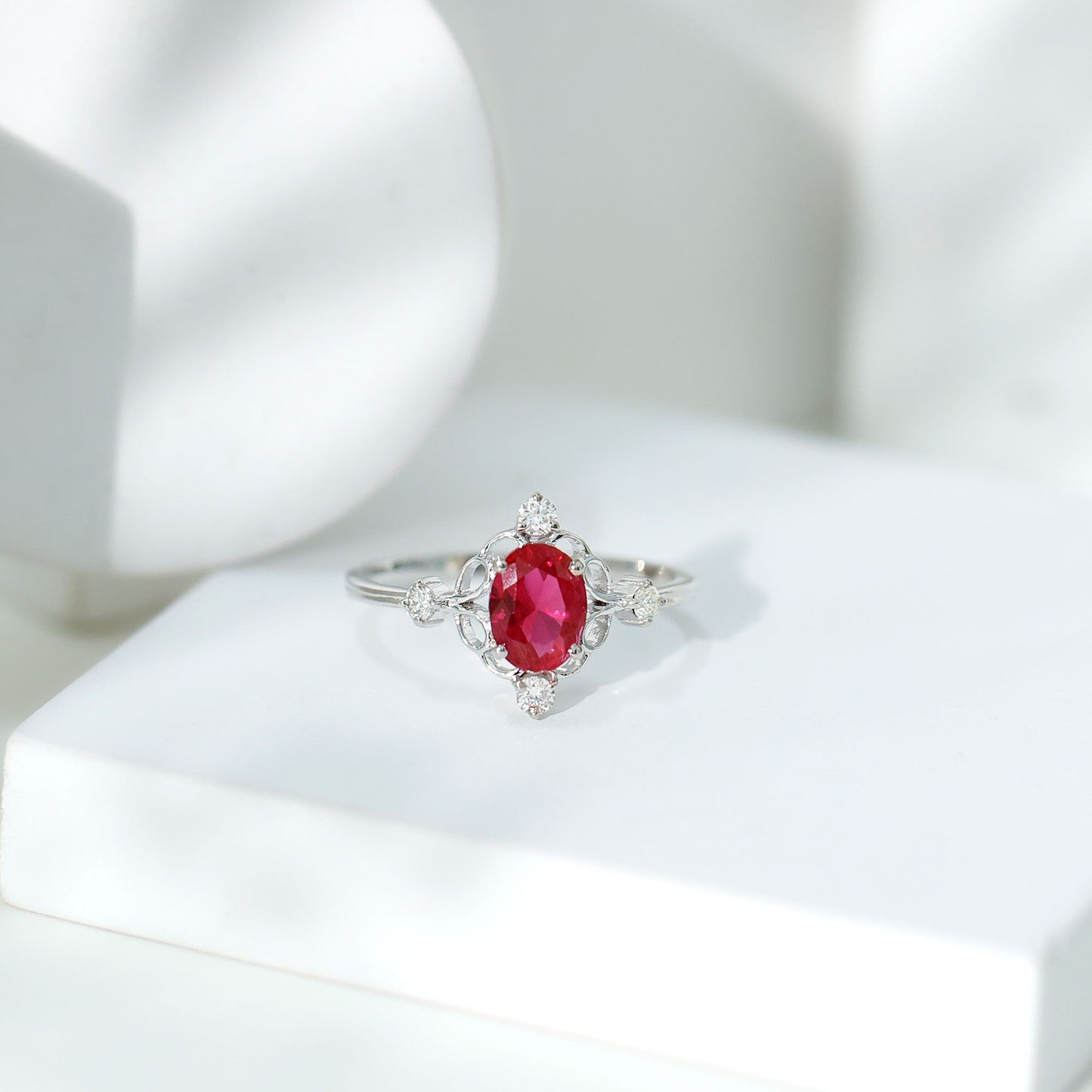 Oval Cut Created Ruby Solitaire Cocktail Ring with Diamond