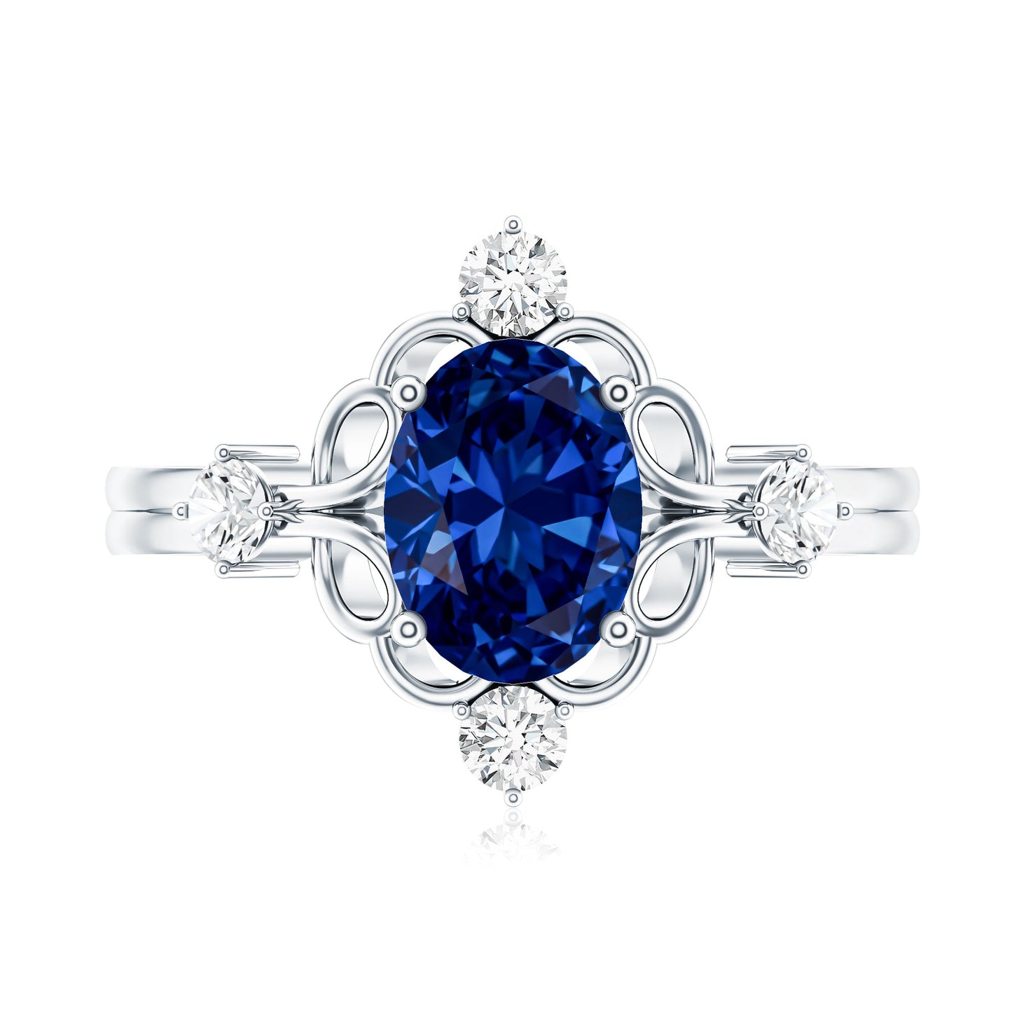 1.5 Carat Oval Cut Lab Grown Blue Sapphire Vintage Engagement Ring with Diamond