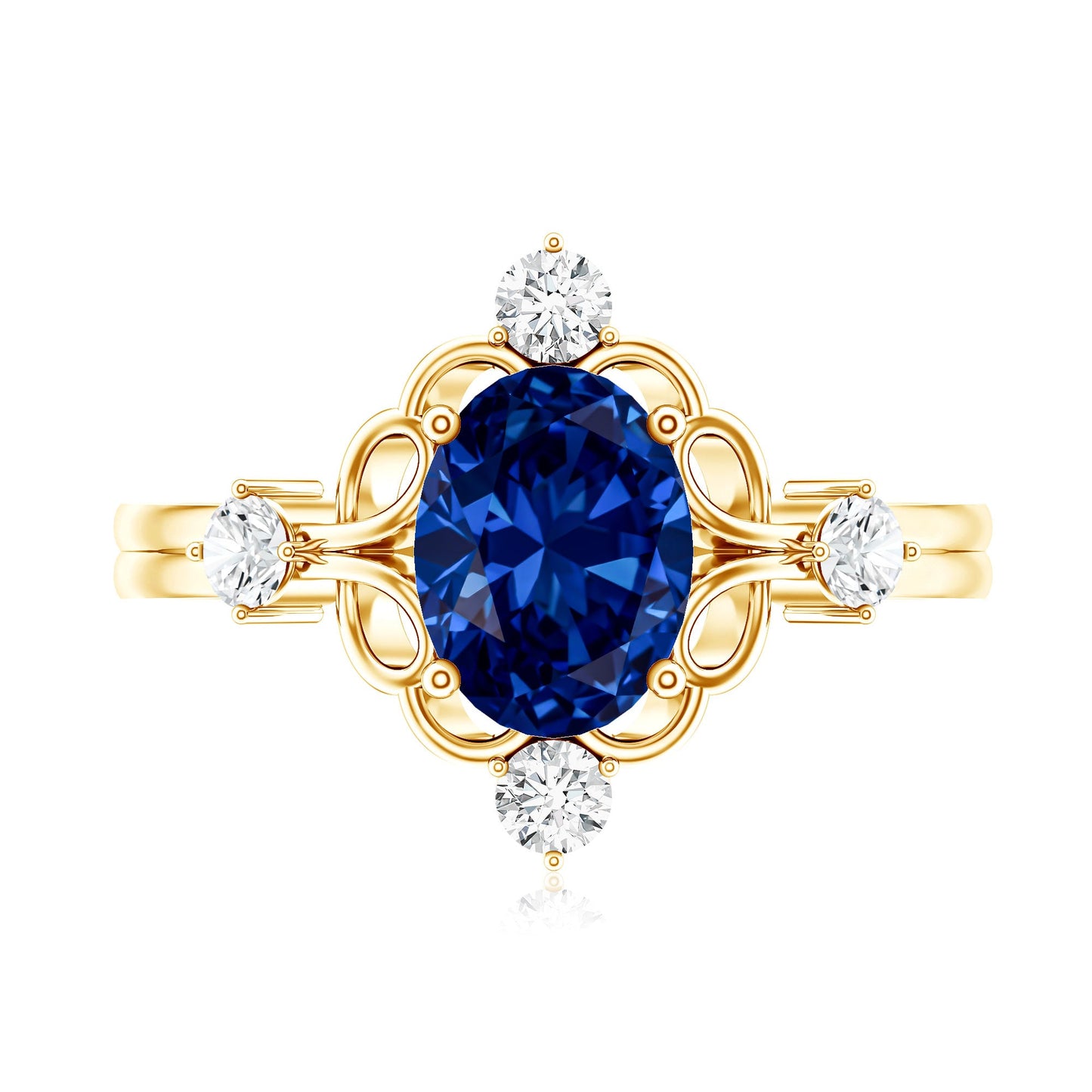 1.5 Carat Oval Cut Lab Grown Blue Sapphire Vintage Engagement Ring with Diamond