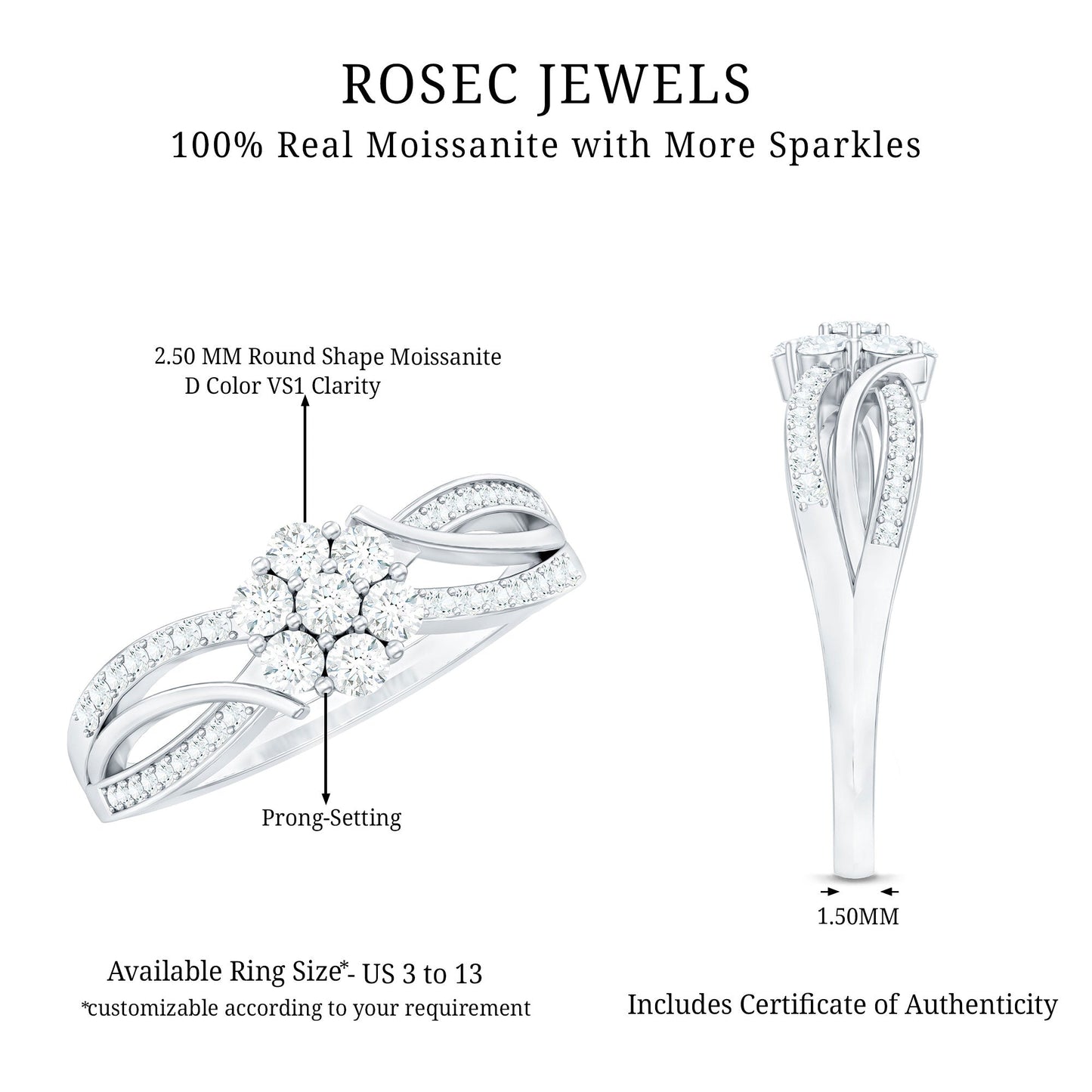 Certified Moissanite Flower Engagement Ring in Infinity Shank