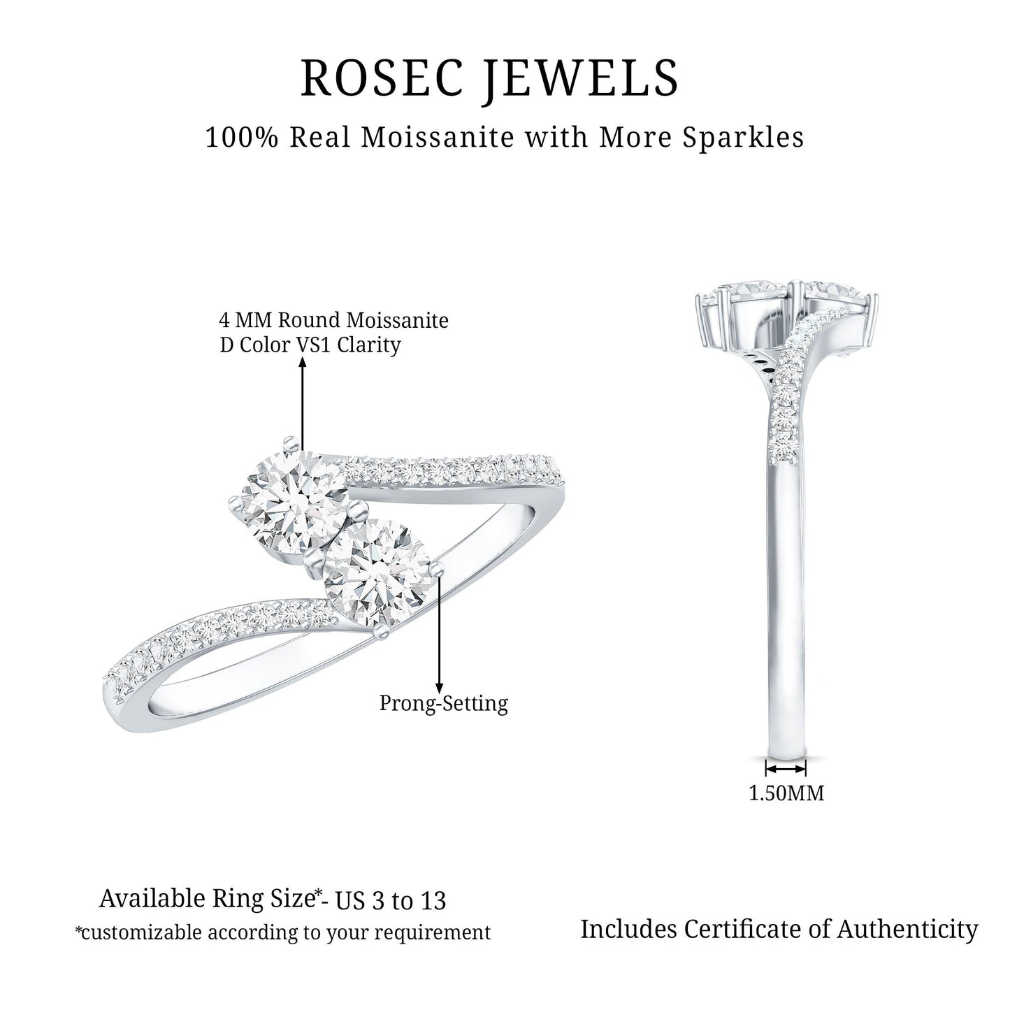 Certified Moissanite 2 Stone Promise Ring in Bypass Shank