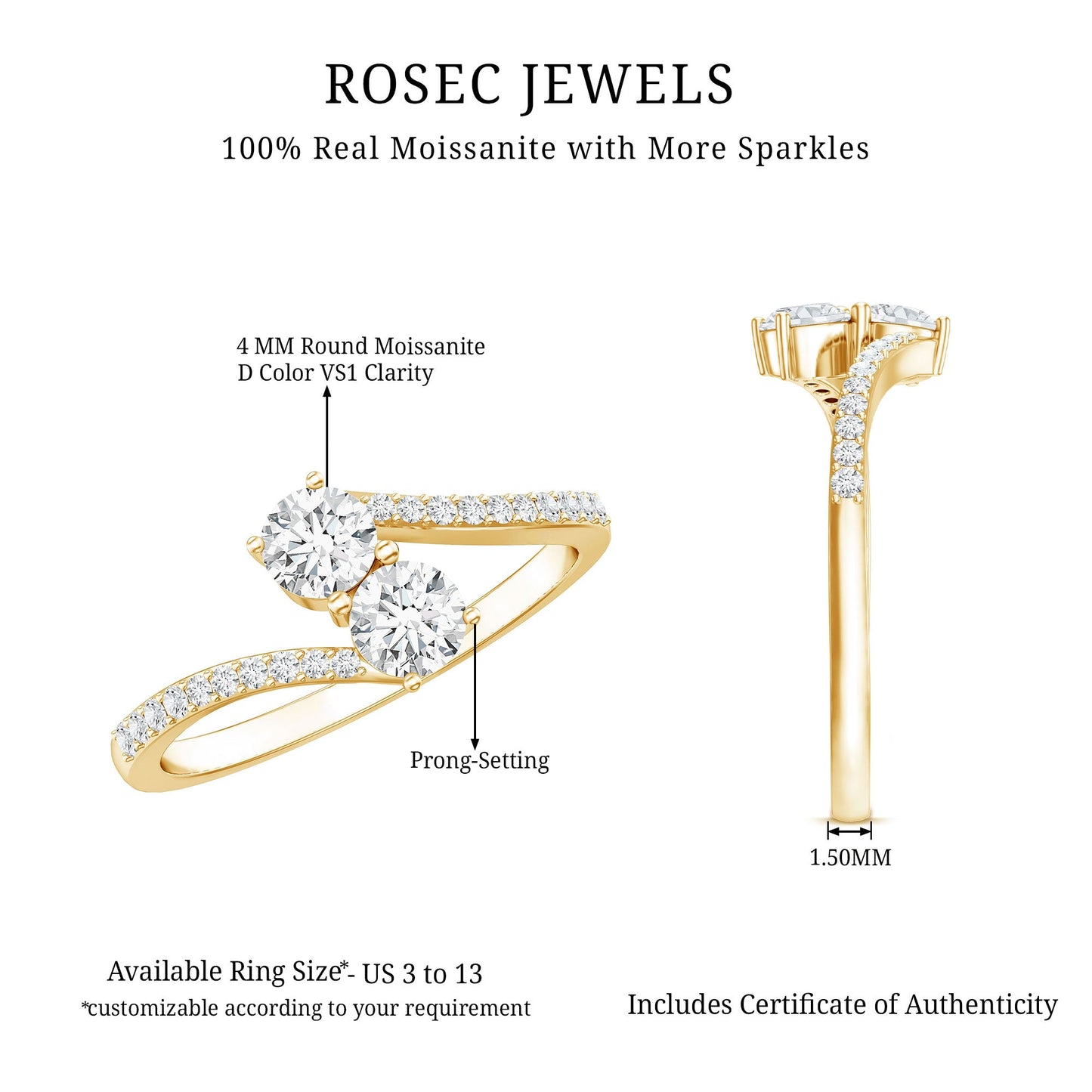 Certified Moissanite 2 Stone Promise Ring in Bypass Shank