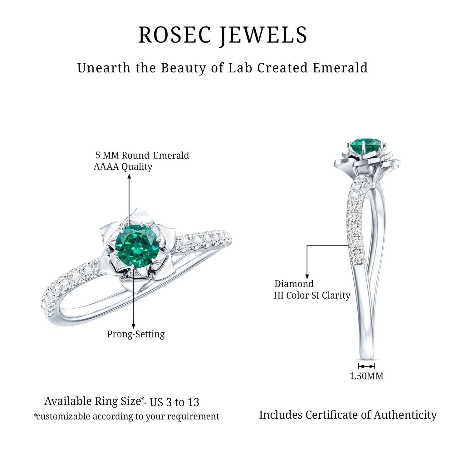 Certified Lab Grown Emerald Diamond Flower Engagement Ring