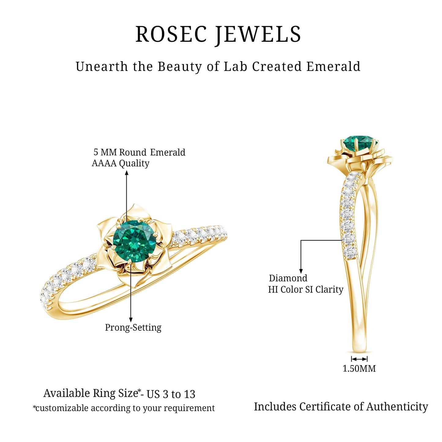 Certified Lab Grown Emerald Diamond Flower Engagement Ring