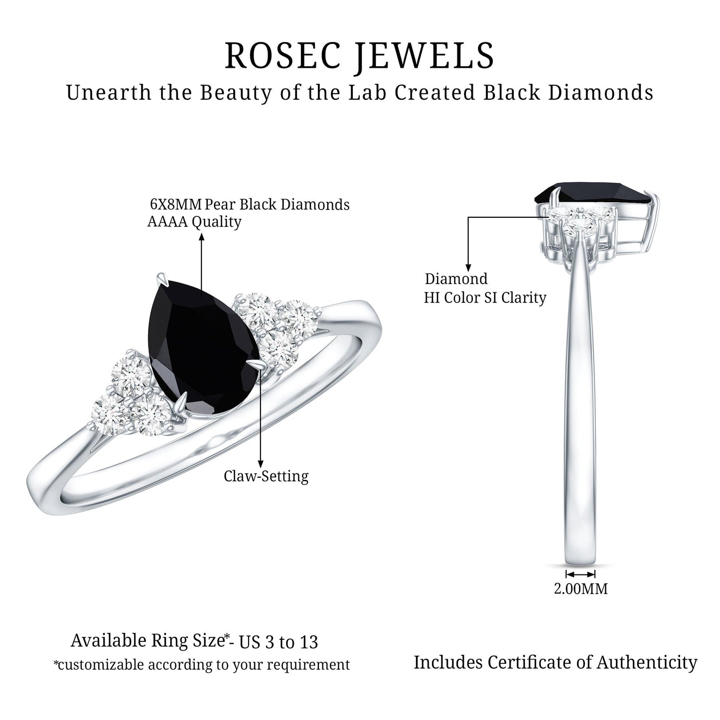 0.85 Carat Pear Shaped Created Black Diamond Solitaire Ring with Diamond