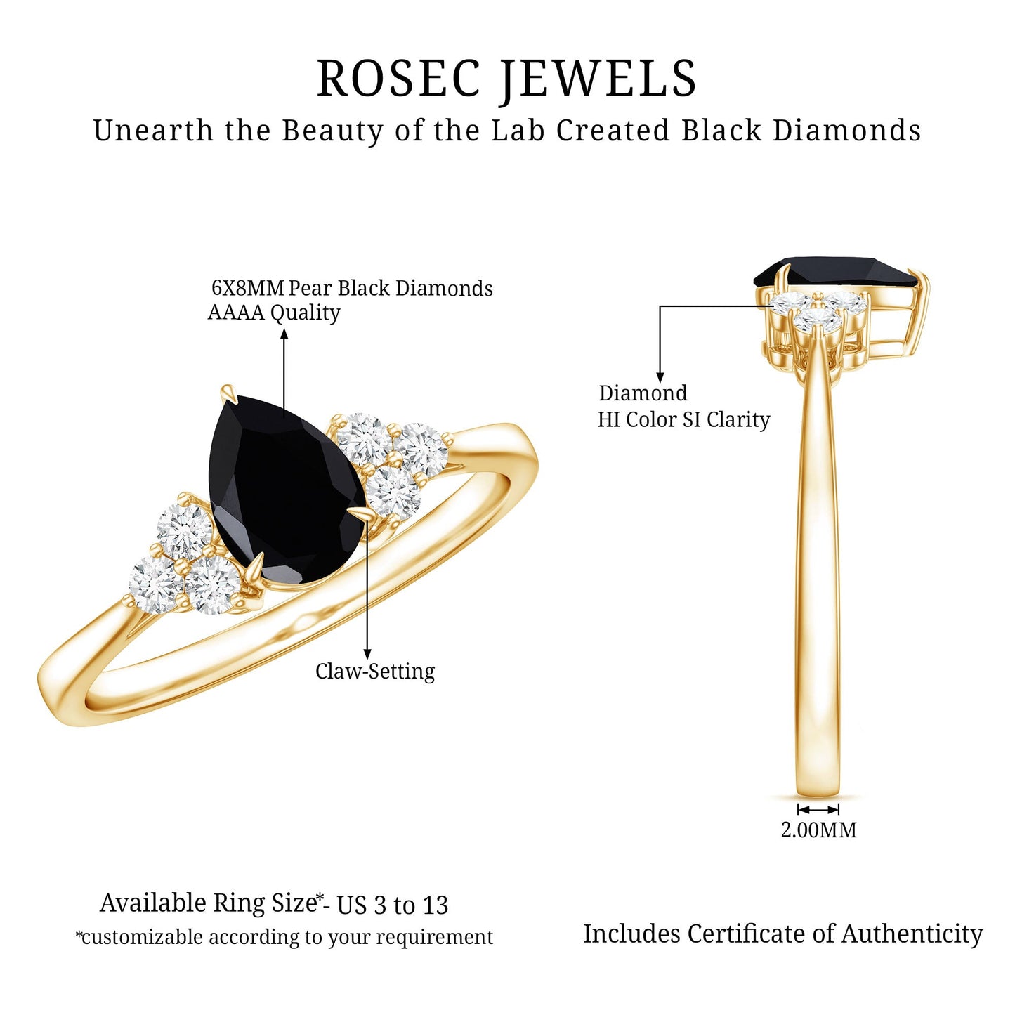 0.85 Carat Pear Shaped Created Black Diamond Solitaire Ring with Diamond