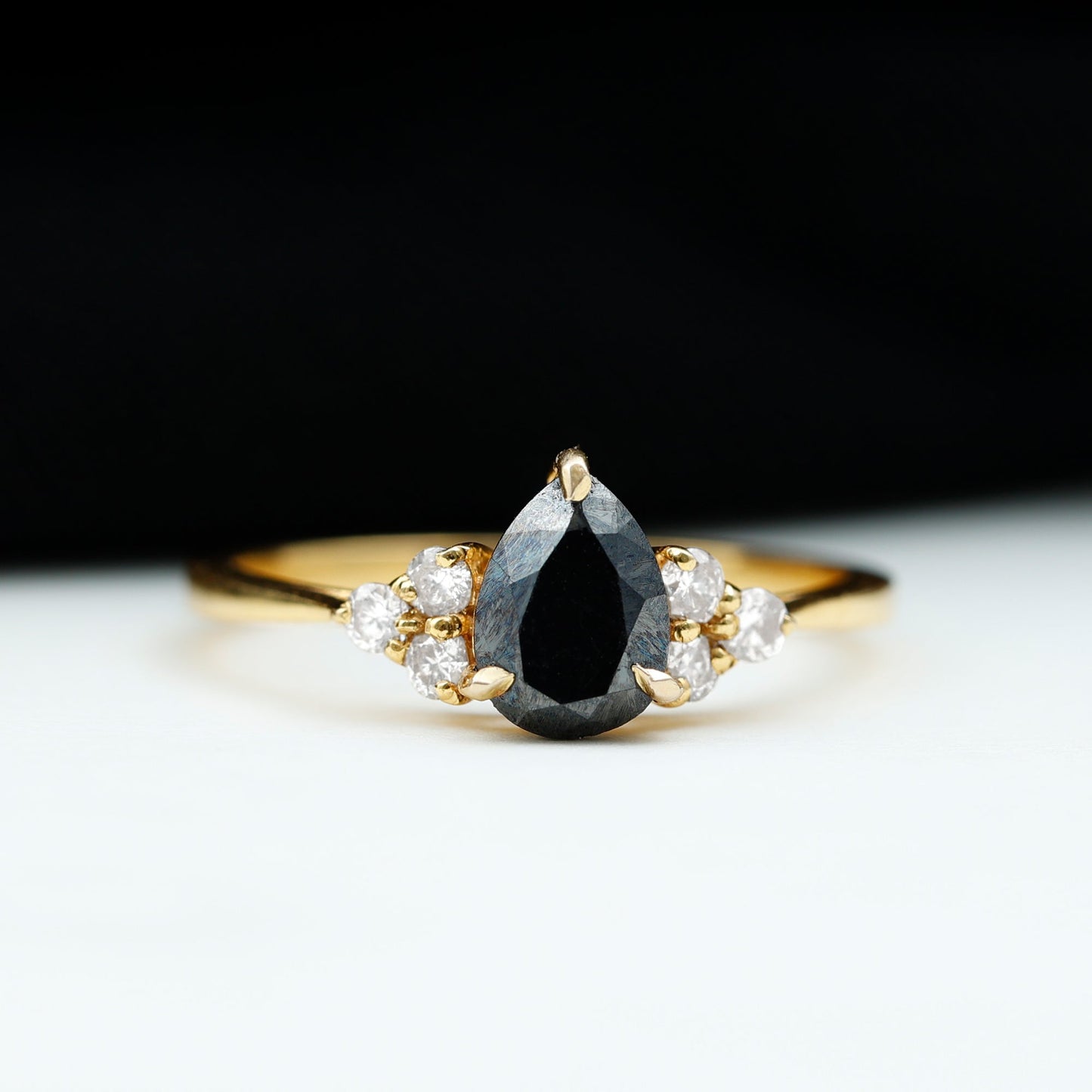 0.85 Carat Pear Shaped Created Black Diamond Solitaire Ring with Diamond