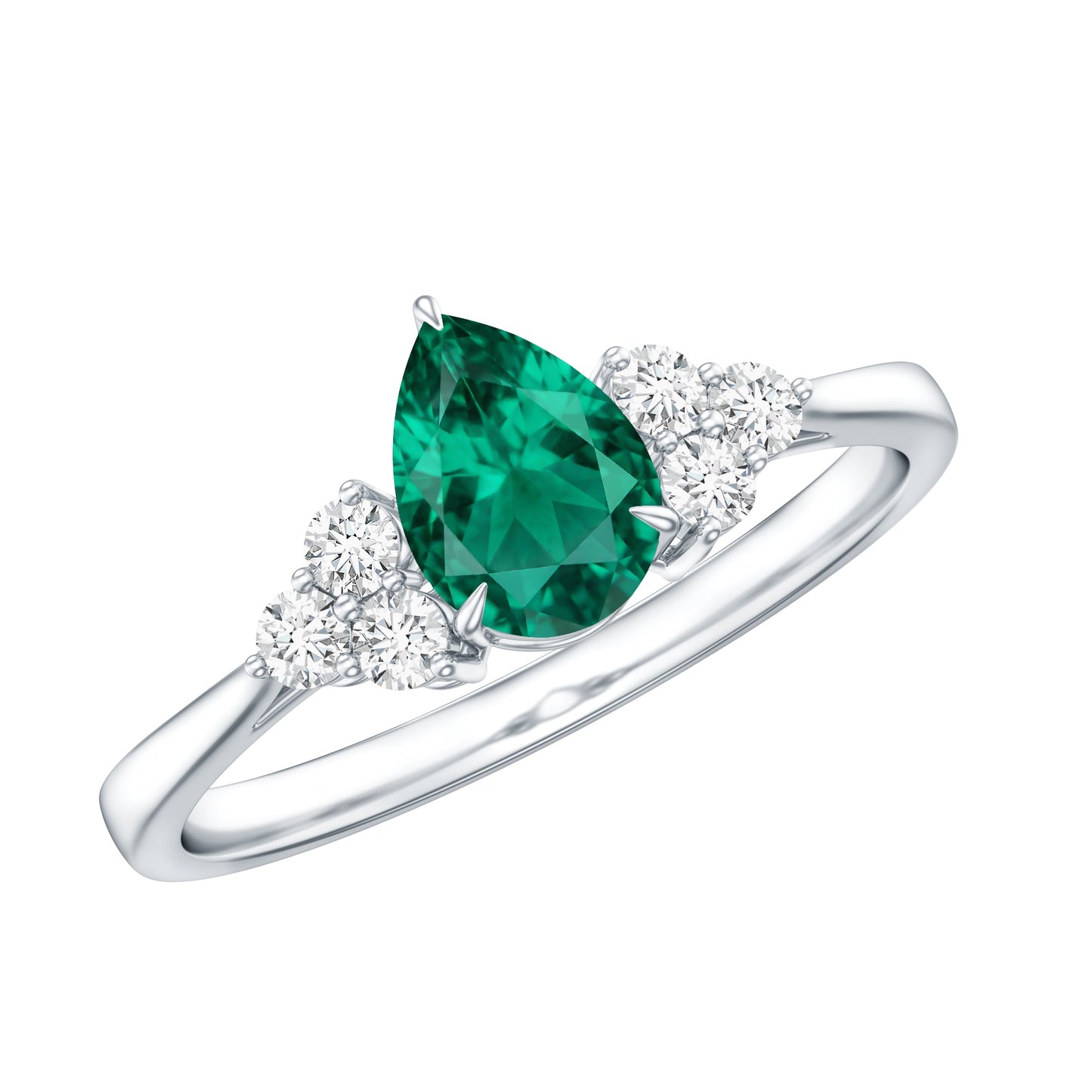 Certified Lab Grown Emerald Pear Shaped Engagement Ring with Diamond Trio
